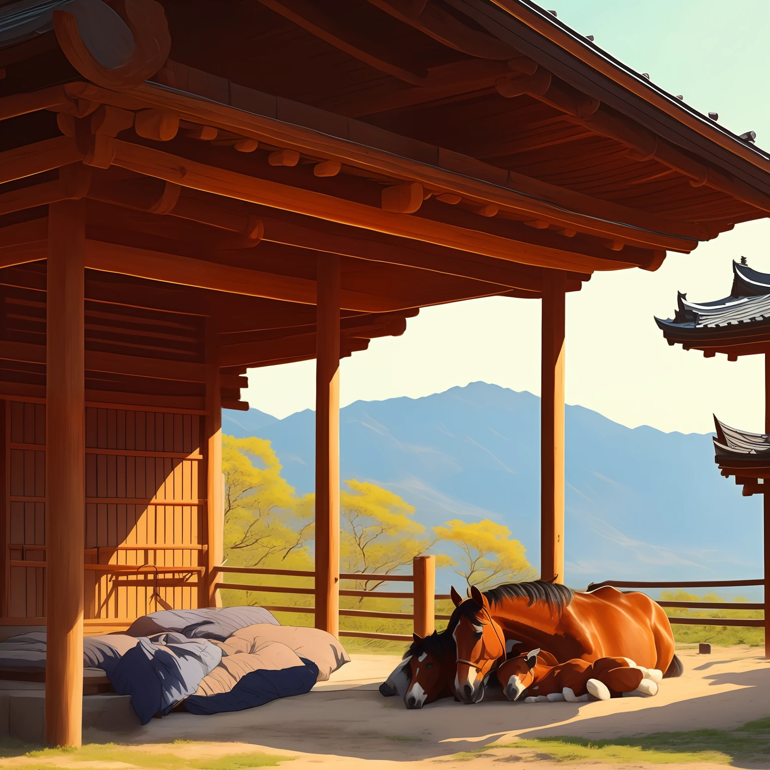 /imagine prompt: Two horses sleeping under a stable window, heian period, caricature, full shot, brown --auto