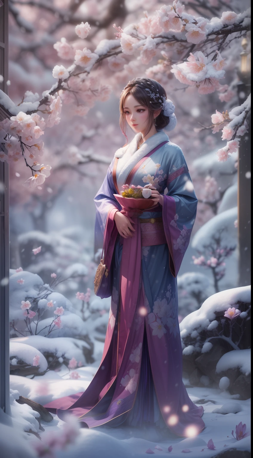 illustration: 1.3), a 3D render, , (Beautuful Women:1.3), (Representative work plum blossoms:1.2)(Masterpiece snow:1.2) , Colorful, Best quality, Detailed details, Masterpiece, offcial art, movie light effect, 4K, Chiaroscuro , Flash