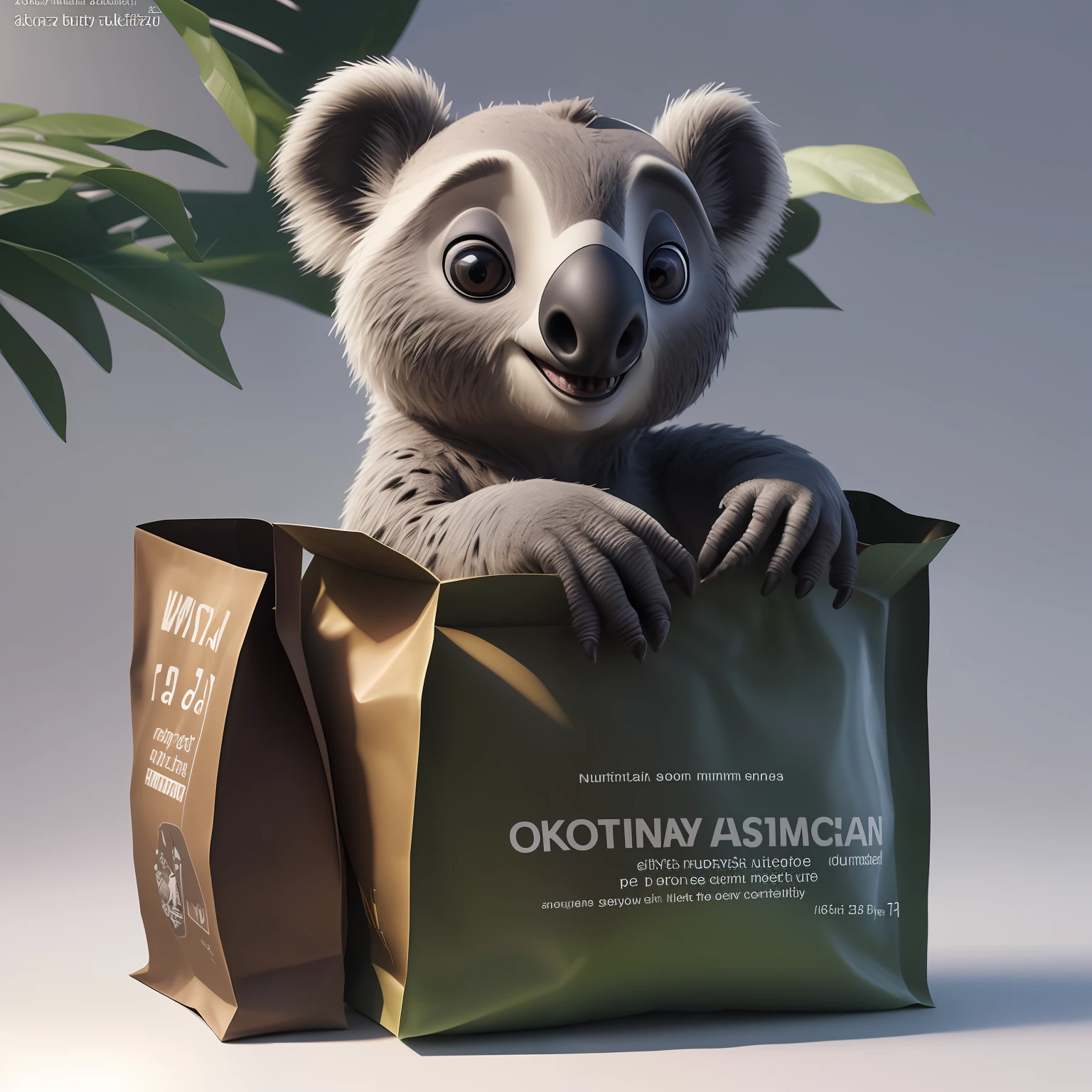 there is a bag of macadaxaa nuts with a koala bear on it, packaging design, ultra realistic 3d illustration, by Adam Marczyński, by Aleksander Kotsis, ultra realistic illustration, maia sandu hyperrealistic, mack sztaba, madagascar, very realistic 3 d render, inspired by Max Buri, inspired by Maruyama Ōkyo