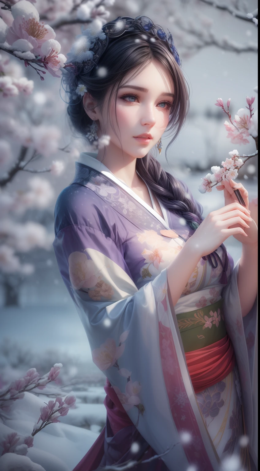 illustration: 1.3), a 3D render, , (Beautuful Women:1.3), (Representative work plum blossoms:1.2)(Masterpiece snow:1.2) , Colorful, Best quality, Detailed details, Masterpiece, offcial art, movie light effect, 4K, Chiaroscuro , Flash