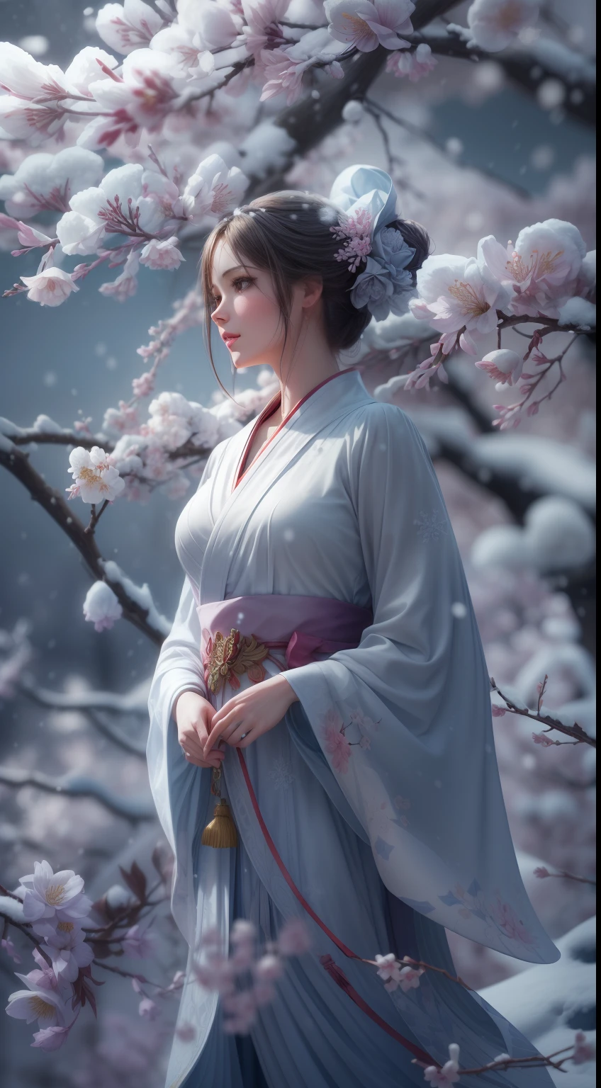 illustration: 1.3), a 3D render, , (Beautuful Women:1.3), (Representative work plum blossoms:1.2)(Masterpiece snow:1.2) , Colorful, Best quality, Detailed details, Masterpiece, offcial art, movie light effect, 4K, Chiaroscuro , Flash