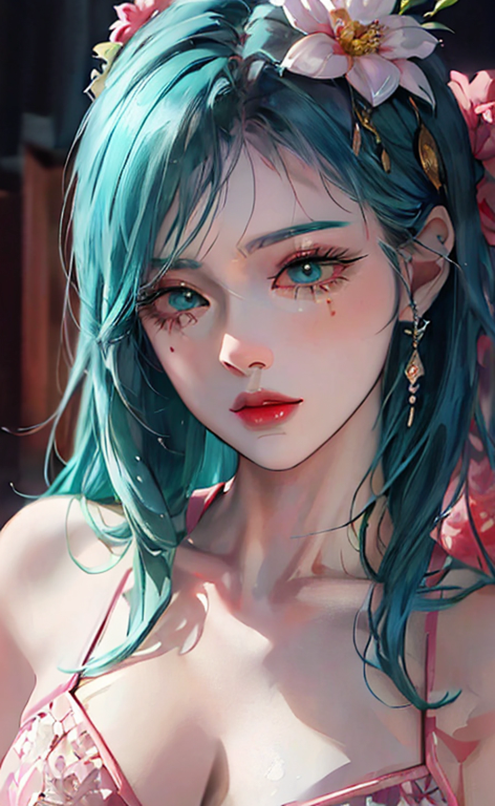 Close-up of a woman with green hair and a flower stuck in her hair, Stunning anime face portrait, Anime girl with teal hair, a beautiful anime portrait, Guviz-style artwork, Beautiful anime girl, detailed portrait of an anime girl, IG model | Art germ, realistic anime artstyle, Beautiful anime face, Realistic anime art style, Beautiful anime woman