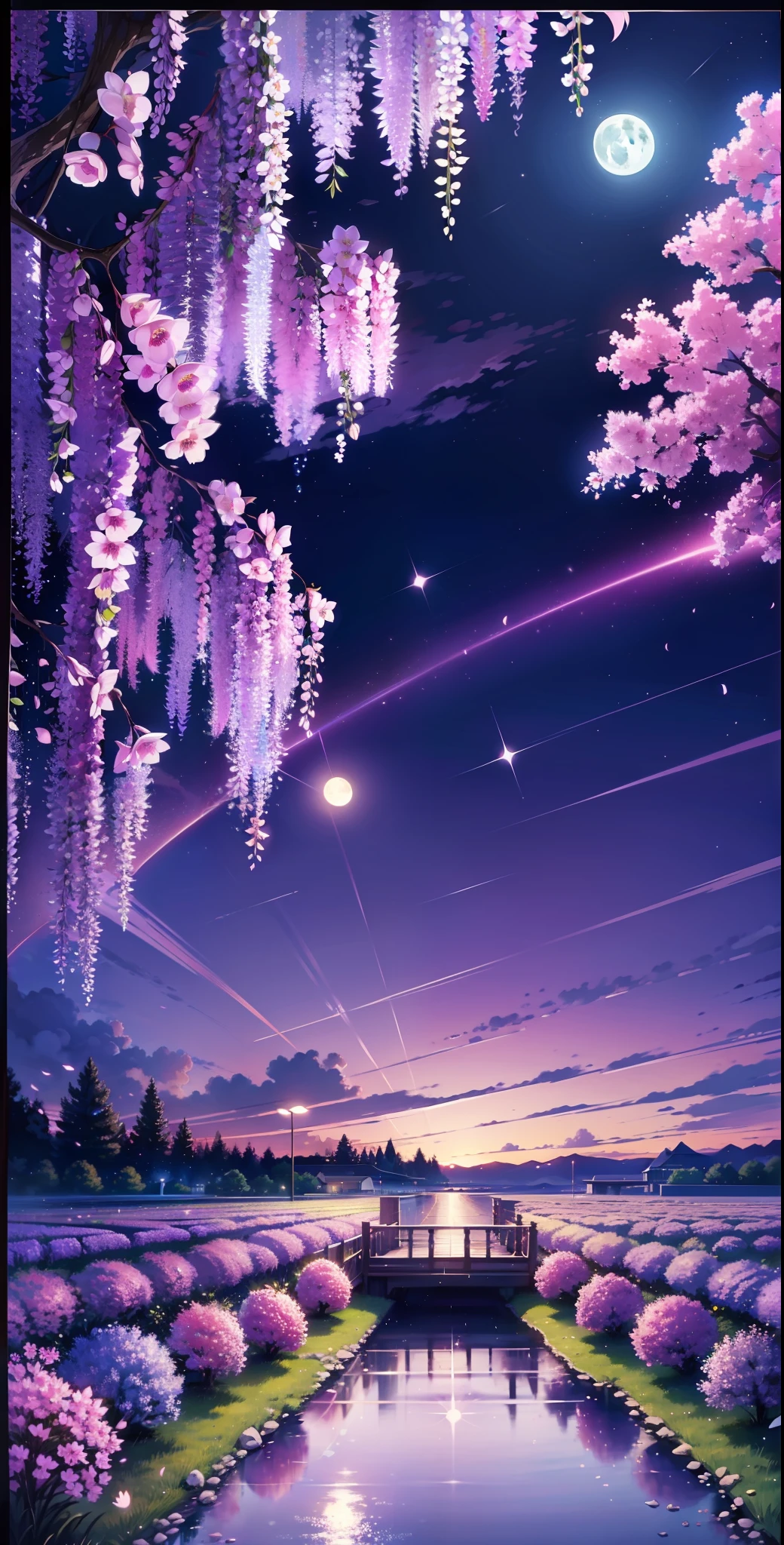 backround, CG, pnon, night, moon, wisteria, cheery blossom, one side is sky and the other is pond, panorama, ray tracing, reflection light, polar opposites, 8K, masterpiece, best quality, high quality, high details, super detail, highres, UHD