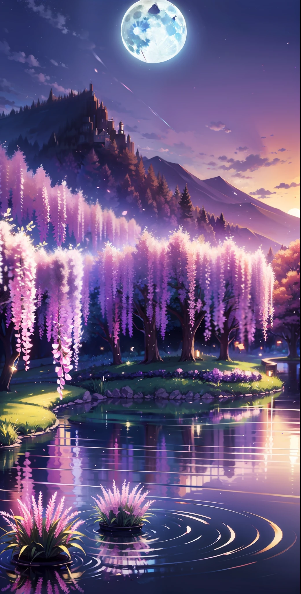 backround, CG, pnon, night, moon, wisteria, cheery blossom, one side is sky and the other is pond, panorama, ray tracing, reflection light, polar opposites, 8K, masterpiece, best quality, high quality, high details, super detail, highres, UHD