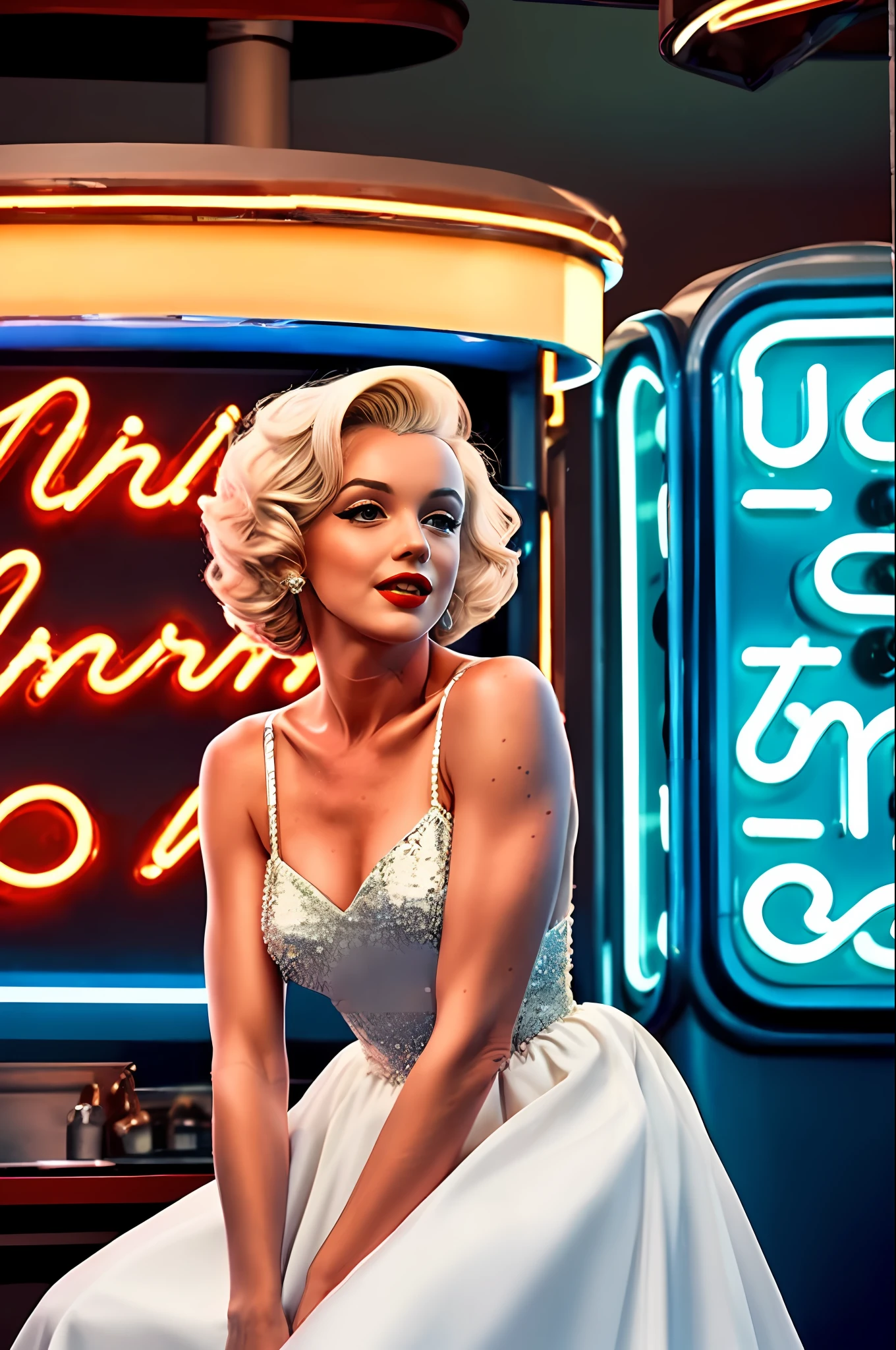 Marylin Monroe dressed in a 1950s-inspired dress, complete with a full skirt and petticoat, her hair combed into classic pin curls. She should be sitting in an old-fashioned diner, surrounded by vintage details like a jukebox, chrome accents and neon signs. Your eyes should be glowing with excitement, your skin flawless and glowing under the soft, dramatic lighting. This scene should be captured on 35mm film, with a beautiful depth of field and a slightly blurry, nostalgic background,
Filmg,