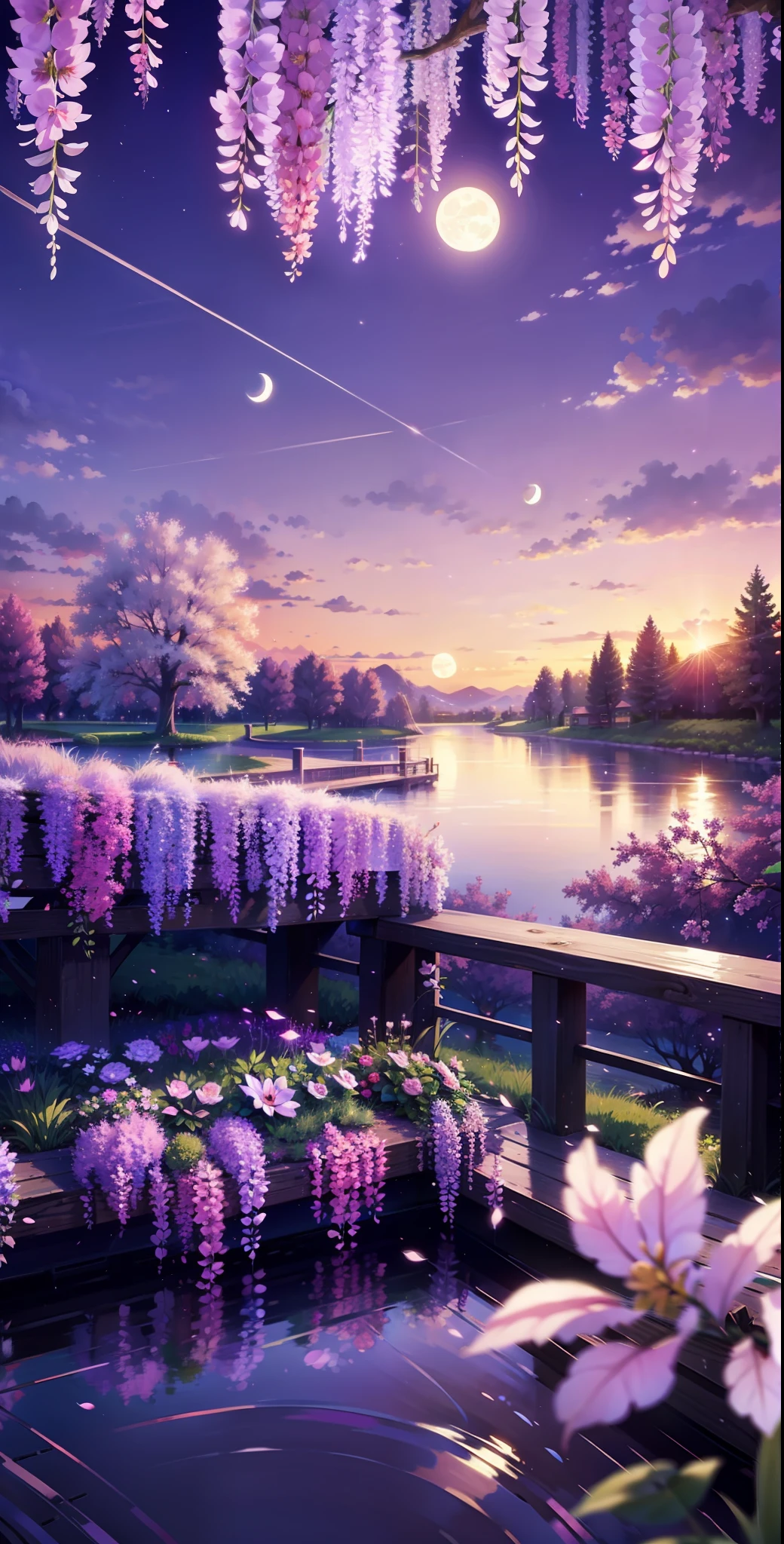 backround, CG, pnon, night, moon, wisteria, cheery blossom, one side is sky and the other is pond, panorama, ray tracing, reflection light, polar opposites, 8K, masterpiece, best quality, high quality, high details, super detail, highres, UHD