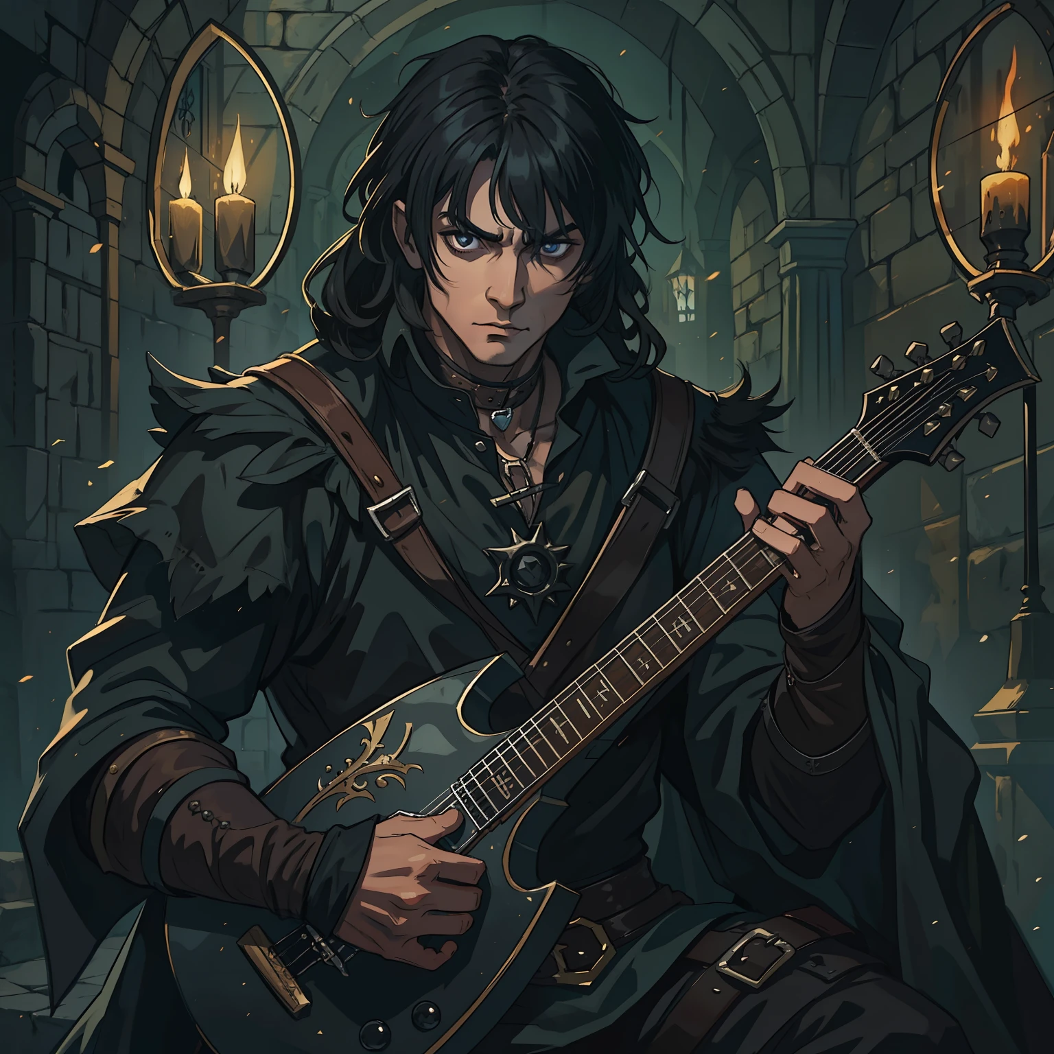 A man with black hair and gothic bangs, he's a medieval rock bard for an RPG, a bard in medieval black Gothic-style costumes in a dark place filled with dark dark magic, ocultista, Um bardo de rocha medieval;