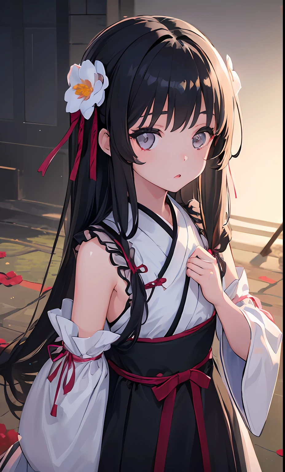 (:1.5),Lace,ribbon,Hanfu,(Masterpiece, side-lighting, Beautiful gray eyes with fine and detailed details: 1.2), Masterpiece, Realistic, Glowing eyes,Shiny hair,Black hair,long whitr hair, Glossy glossy skin, Solo, embarressed,No shoulder strap,Exquisite,prettify,sonoko,Flowers,flying petal,