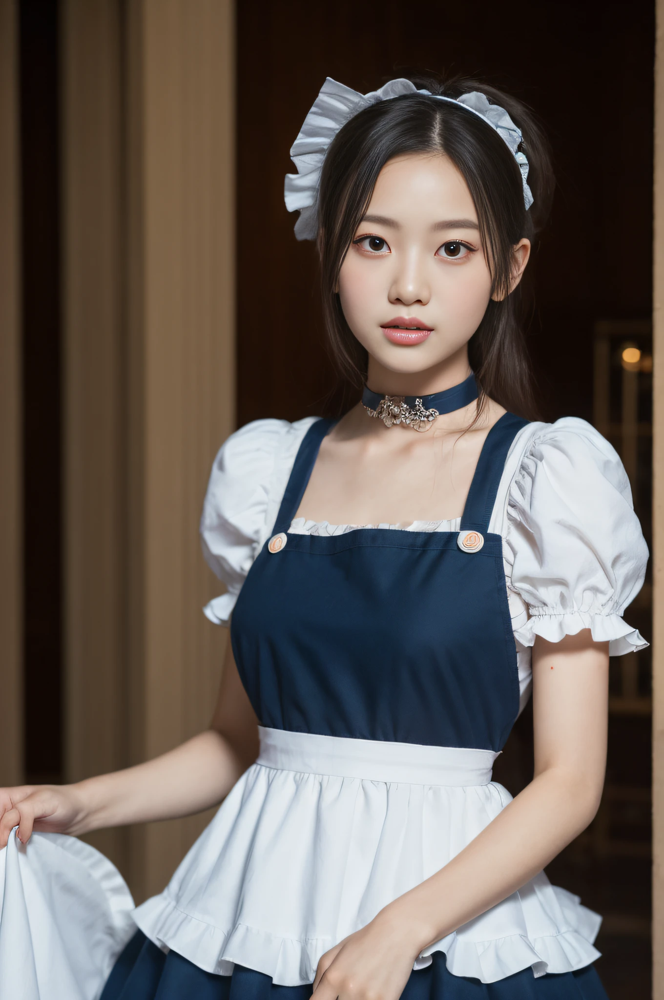 (Raw foto:1.2), masterpiece, in 8K, hight resolution, (Photorealsitic:1.4), hyperrealistic girl, extremely detailed eye and face, beatiful detailed eyes, Realistic face, hight resolution, ighly detailed, top-quality, masterpiece, ighly detailed,, magnifica, mansion, top-quality, Light on the Face, 电影灯光, 20 years girl, (Smile:0.5), thighs thighs thighs thighs, huge tit, Head dress, (maid clothes), Dark blue maid costume, pinafore, puff sleeves, collars, a choker, White apron with detailed frills, a black ribbon