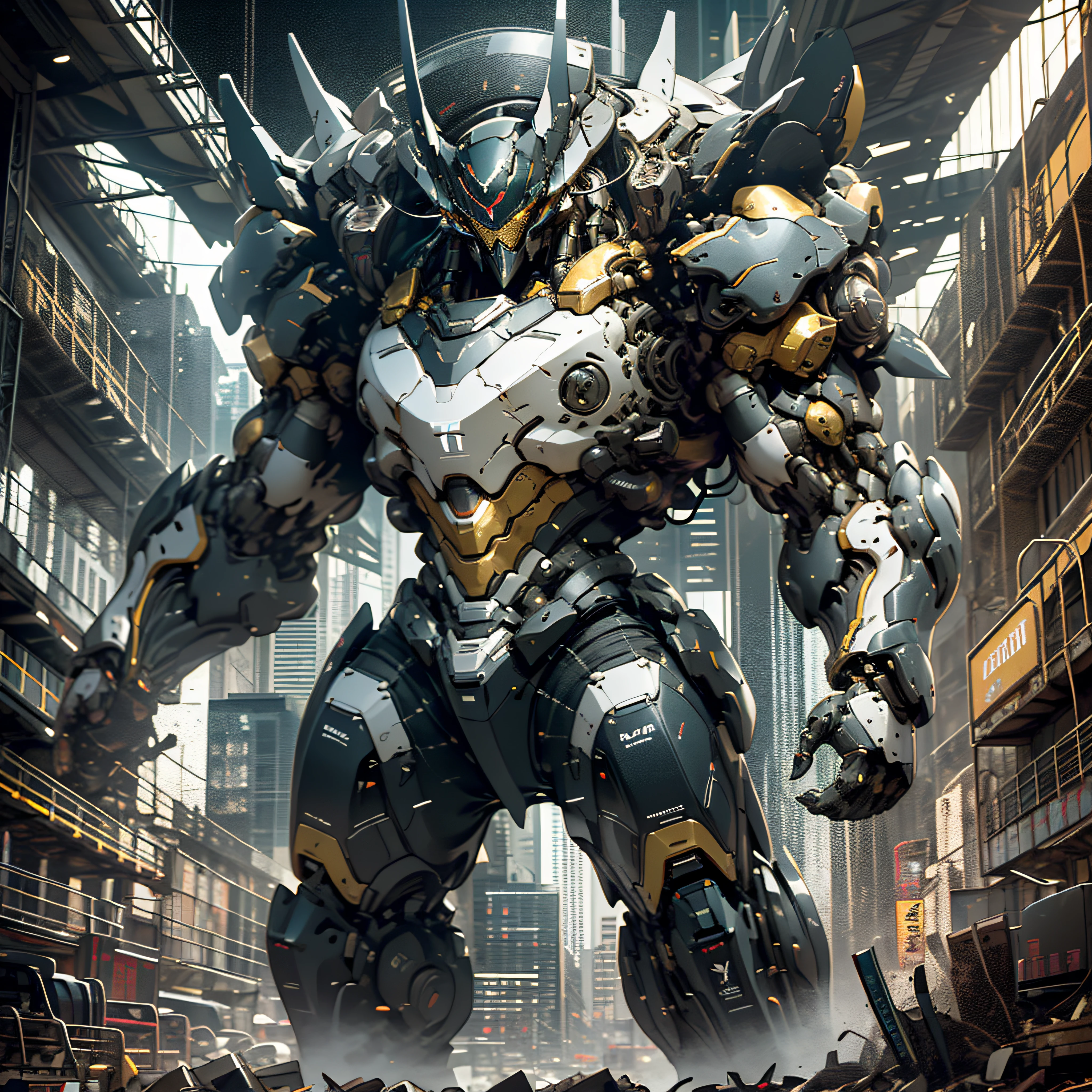 1 man inside a huge bulky exoskeleton robot , ((bulky)) armor, crystal mecha, psychedelic details,
9d,(city war background), clean lines, negative space, high contrast, gradient color, (golden black),show full body portrait , best images quality, perfect resolution, moody, sharp focus