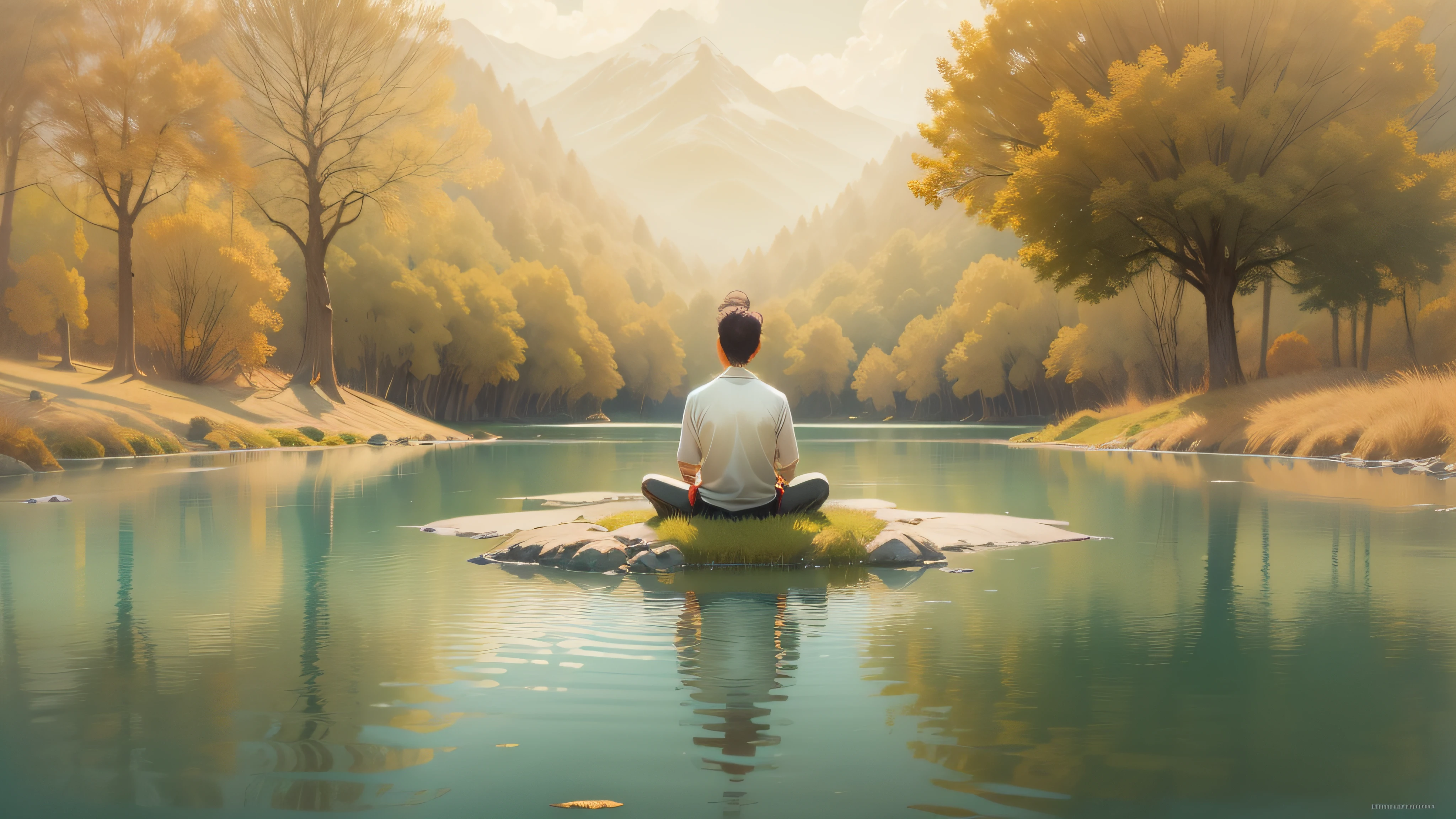 Art of meditation, with distant person meditating in a calm setting and with nature