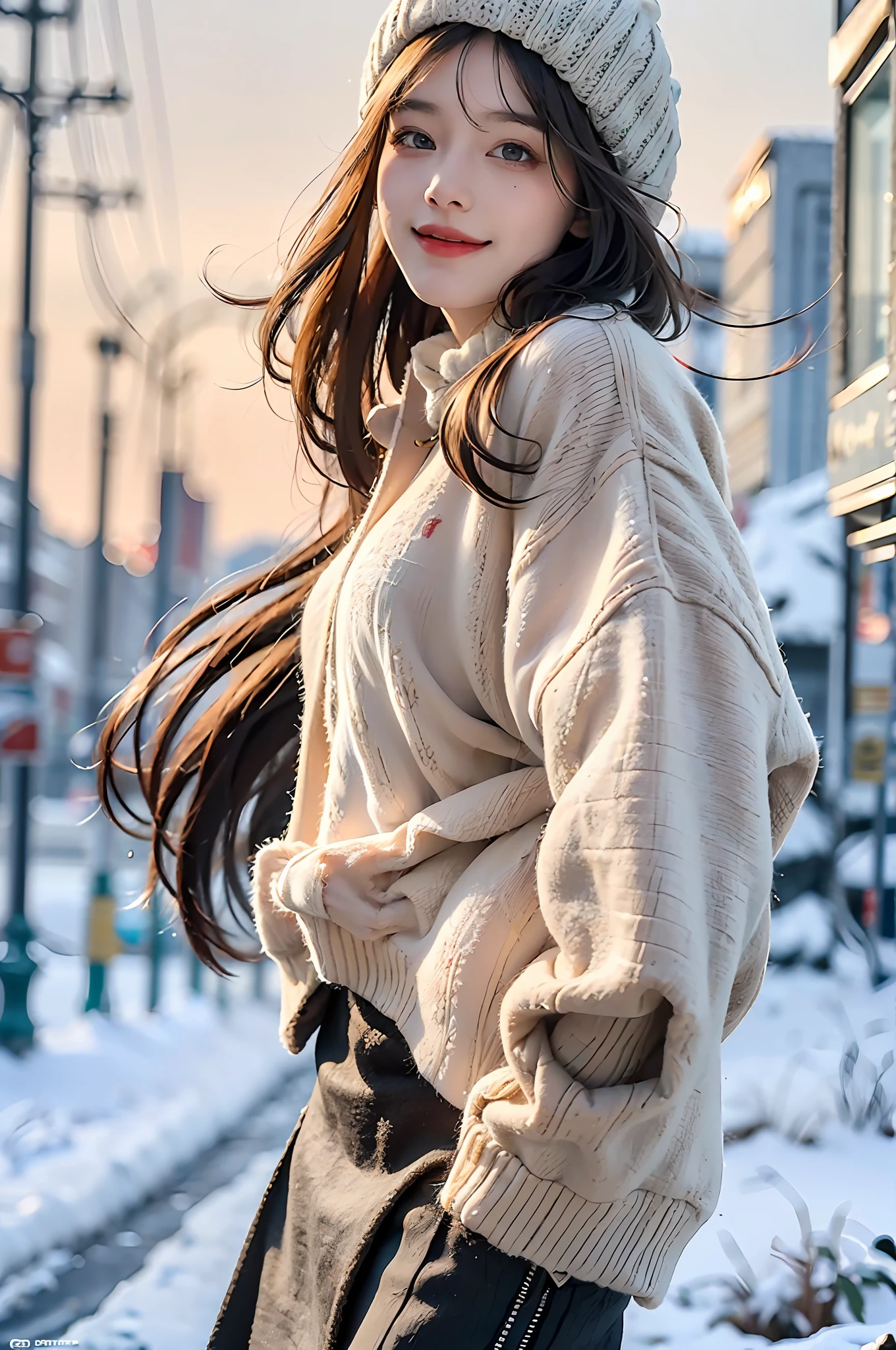 best quality, masterpiece, photo realistic, intricate details, raw photo, photon rendering, octane render, absurdres, ultra detailed, detailed face, detailed skin, trending on artstation, 8k masterpiece, cinematic lighting, ( (1girl)),((solo)),((looking_at_viewer)),trending on cg society,plasticien,((black long hair)),((beautiful woman)),(Smile)warm shirt, woollen cap, Black miniskirt,white boots, lingerie, underwear,((winter street))((snow)),((sexy)),wind blowing hair, ((flowing hair)),happy,winter fashion