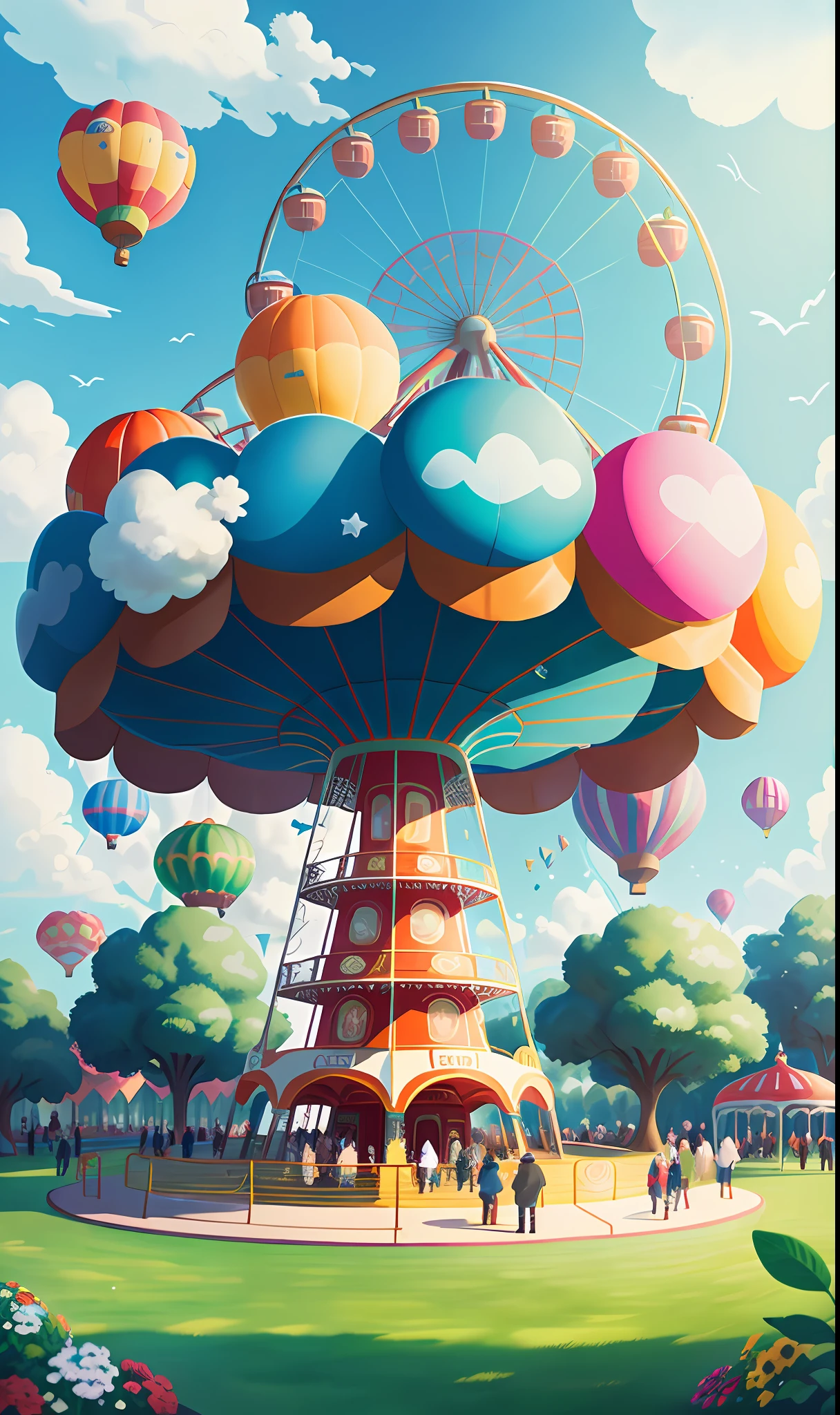 he Ferris wheel,roller coasters, carousel horses,Lots of air balloons,playground,large lawn,,greenery,with people coming and going,Have fun,Disney style,with blue sky and white clouds,Themed Ferris wheel,Ultra-high definition,Flowers in the foreground are blurred,Master level