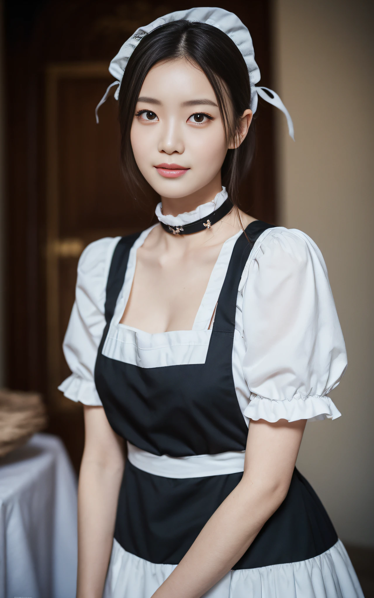 (Raw foto:1.2), ​masterpiece, in 8K, hight resolution, (Photorealsitic:1.4), hyperrealistic girl, extremely detailed eye and face, beatiful detailed eyes, Realistic face, hight resolution, ighly detailed, top-quality, ​masterpiece,  ighly detailed,, magnifica, mansion, top-quality, Light on the Face, 电影灯光, 20 years girl, (Smile:0.5), thighs thighs thighs thighs, Head dress, (maid clothes), Black ribbon and white apron, puff sleeves, collars, a choker, Apron with detailed ruffles, Black Maid Costume,