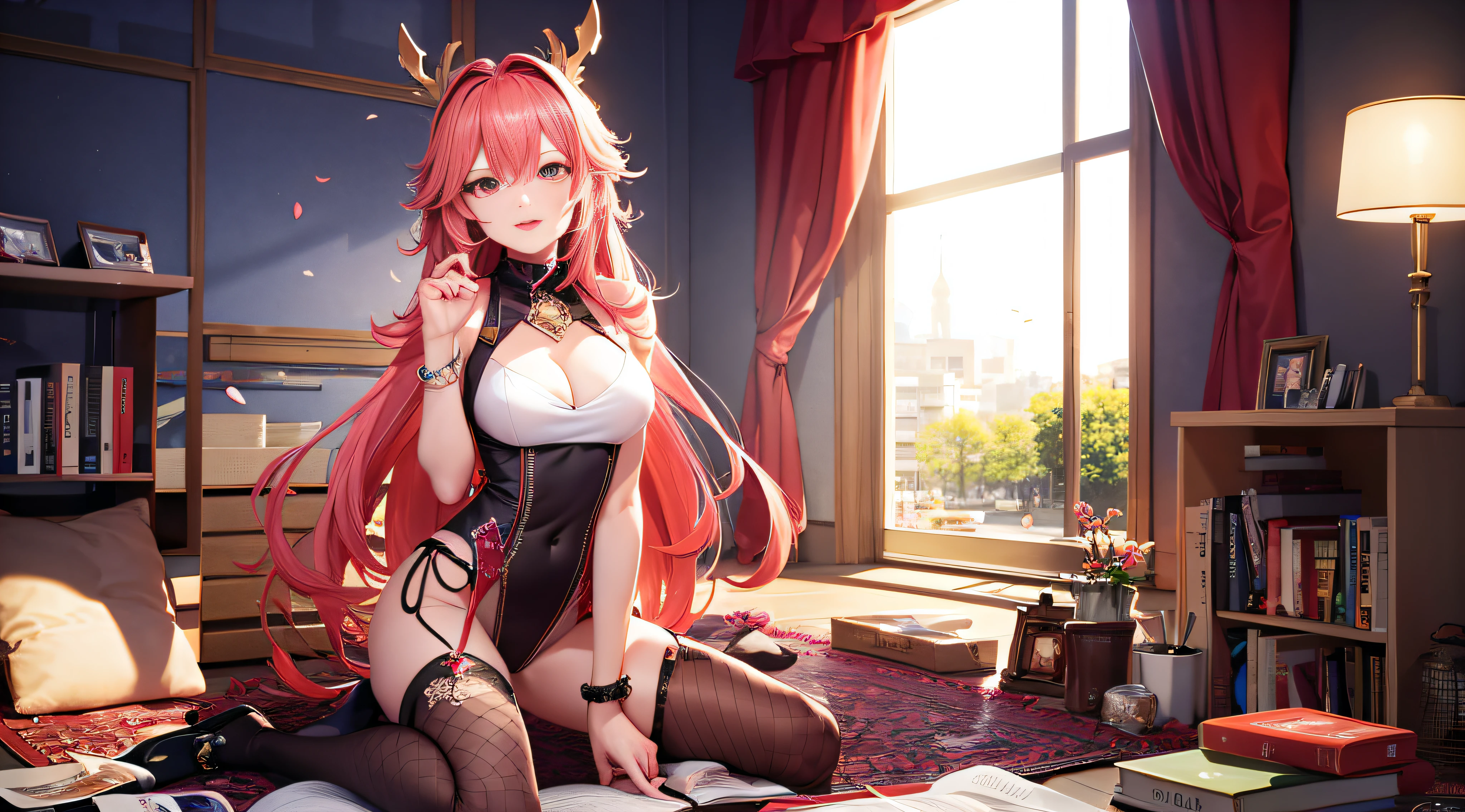 (Extreme Detail CG Unity 8K Wallpapers,tmasterpiece,Highest image quality),(Delicate light and shadow,The picture is highly dramatic,Cinematic lens effect)school ground、Female Student、Stand in the center of the lens、Paper、School supplies fell to the floor、holding books、standing on your feet、Long light red hair、Small and beautiful、with fair and smooth skin、Hole-in fishnet socks、shift dresses、Slender eyebrows、Small nose、The eyes are deep and bright、Lips are rosy and plump 、The costume is simple、vibrancy、Bright colors、cozily、耳Nipple Ring、Bracelet、hair adornments、head gear、Wrist watch、Playful、Girly、stocklings、Black lace panties、Leg chains、fresh flowers、Cute shoes、Falling debris、Full body like、Dignified、中景 the scene is、petals、anime big breast、quadratic element、Brush strokes