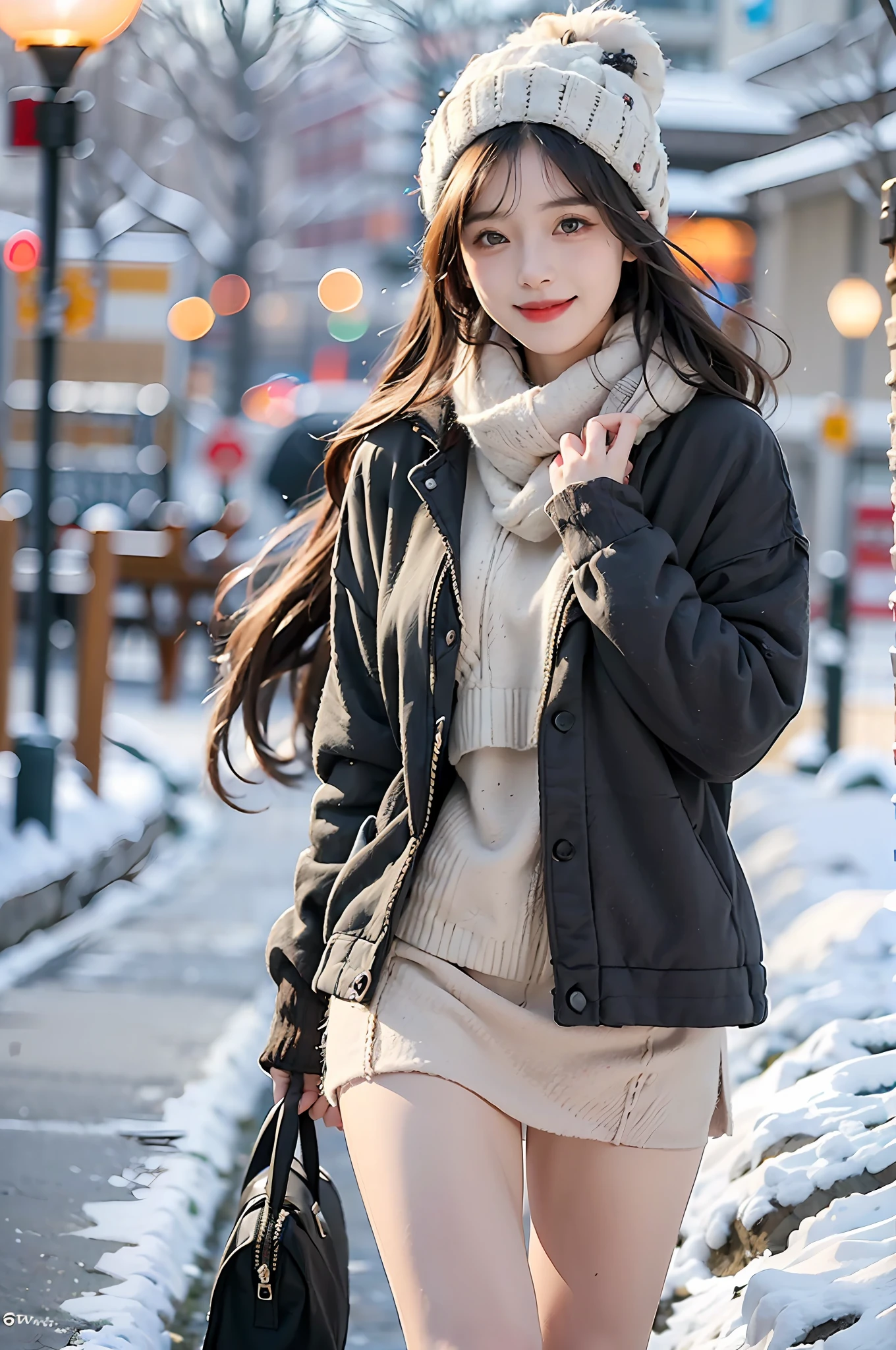best quality, masterpiece, photo realistic, intricate details, raw photo, photon rendering, octane render, absurdres, ultra detailed, detailed face, detailed skin, trending on artstation, 8k masterpiece, cinematic lighting, ( (1girl)),((solo)),((looking_at_viewer)),trending on cg society,plasticien,((black long hair)),((beautiful woman)),(Smile)warm shirt, woollen cap, Black miniskirt,white boots, lingerie, underwear,((winter street))((snow)),((sexy)),wind blowing hair, ((flowing hair)),happy,winter fashion