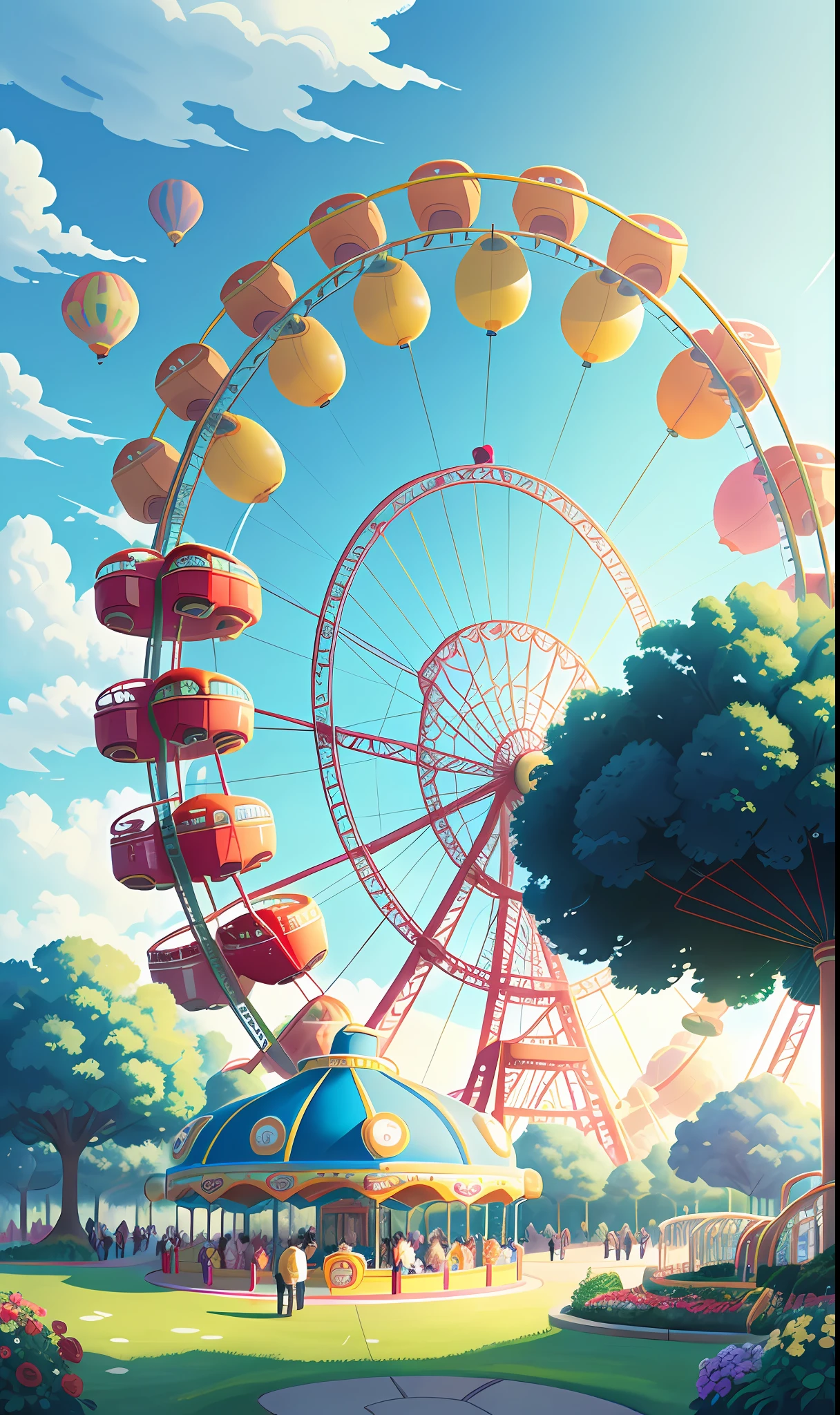 he Ferris wheel,roller coasters, carousel horses，Lots of air balloons,playground,large lawn，,greenery,with people coming and going,Have fun，Disney  style，with blue sky and white clouds，Themed Ferris wheel，Ultra-high definition，Flowers in the foreground are blurred，Master level