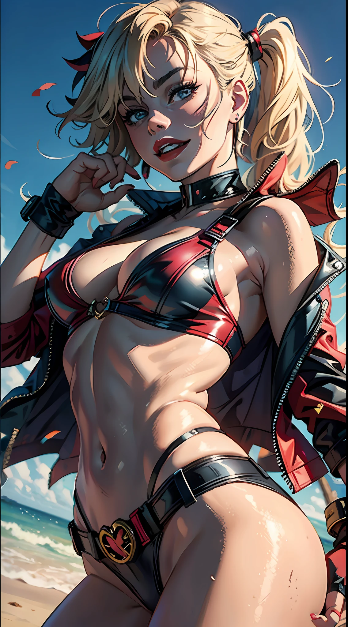 margot robbie as a gorgeous Harley Quinn standing on sand wind in the hair
