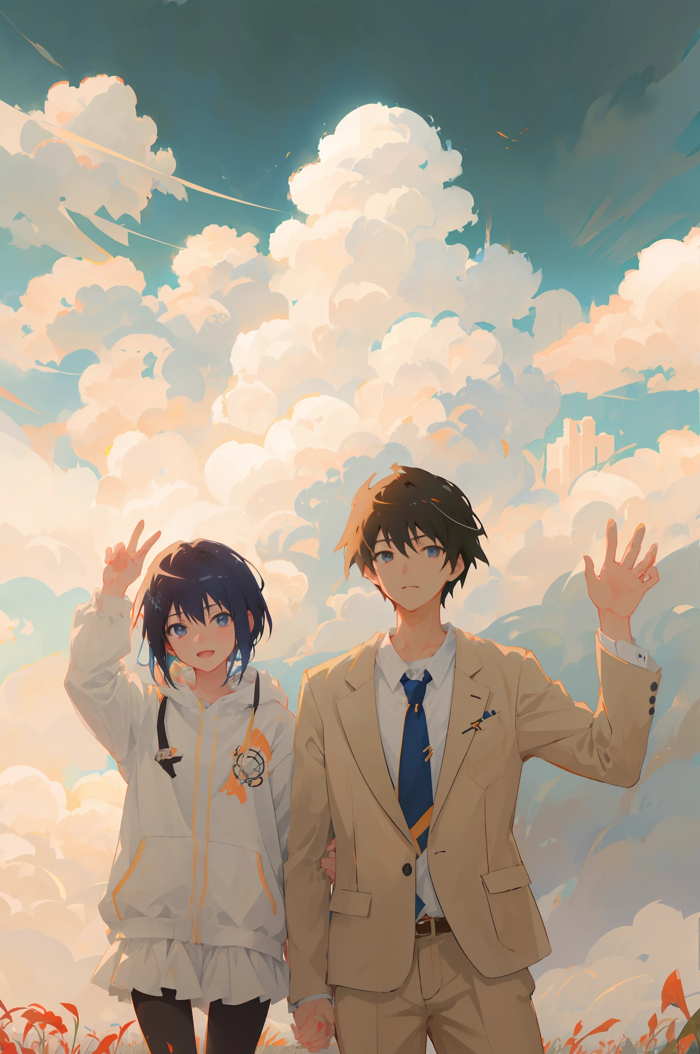 Anime couple in field in sky background, Anime Cloud, Guweiz e Makoto Shinkai, sakimichan and makoto shinkai, in the style of makoto shinkai, beautifull puffy clouds. Anime, Fiona Staples e Makoto Shinkai, Makoto Shinkai and Artgerm, High-quality fanart, happy clouds behind