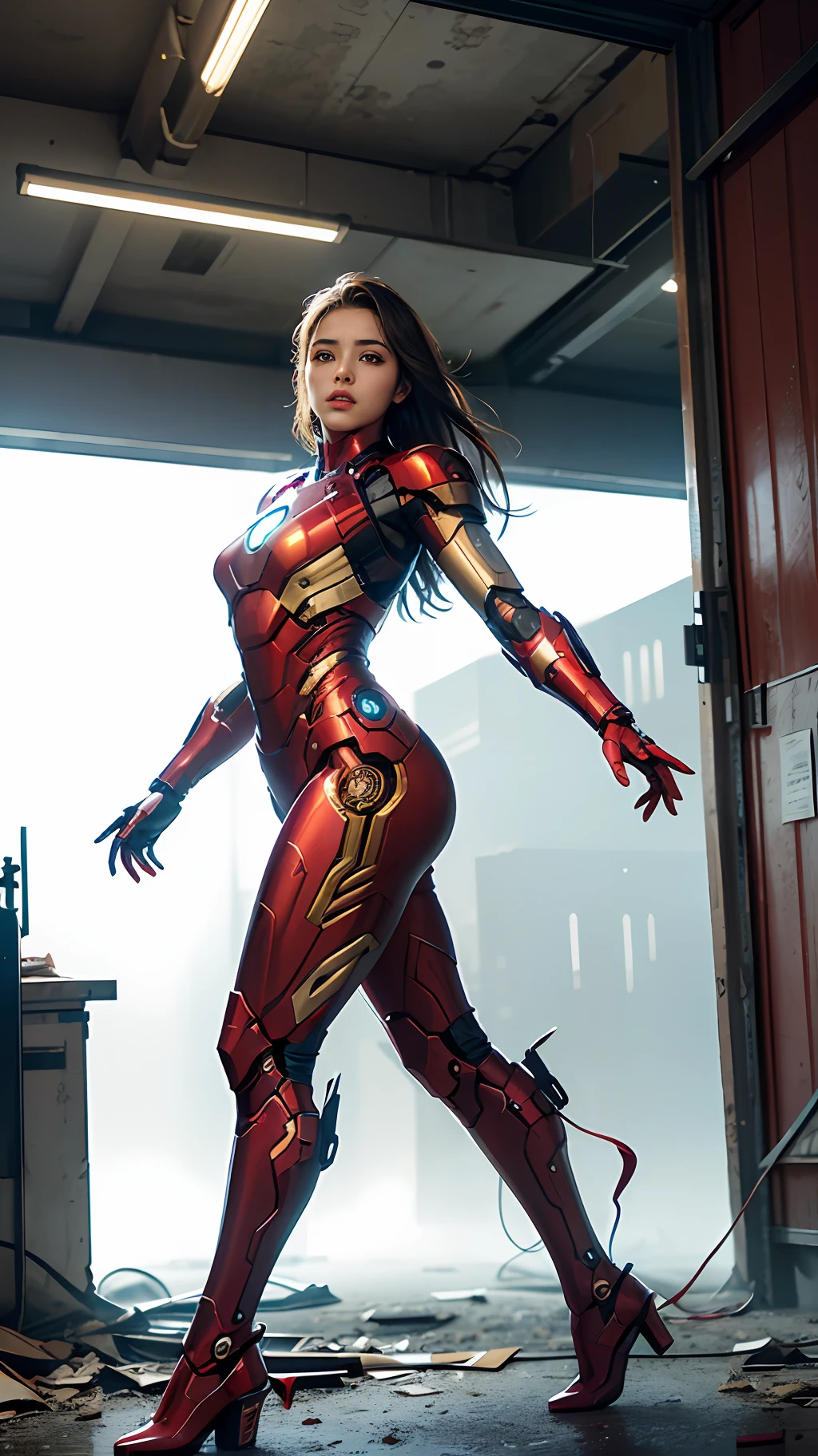 RAW, Masterpiece, Ultra Fine Photo,, Best Quality, Ultra High Resolution, Photorealistic, Sunlight, Full Body Portrait, Stunningly Beautiful,, Dynamic Poses, Delicate Face, Vibrant Eyes, (Side View) , she is wearing a futuristic Iron Man mech, red and gold color scheme, highly detailed abandoned warehouse background, detailed face, detailed and complex busy background, messy, gorgeous, milky white, high detailed skin, realistic skin details, visible pores , sharp focus, volumetric fog, 8k uhd, dslr camera, high quality, film grain, fair skin, photorealism, lomography, sprawling metropolis in futuristic dystopia, view from below, translucent