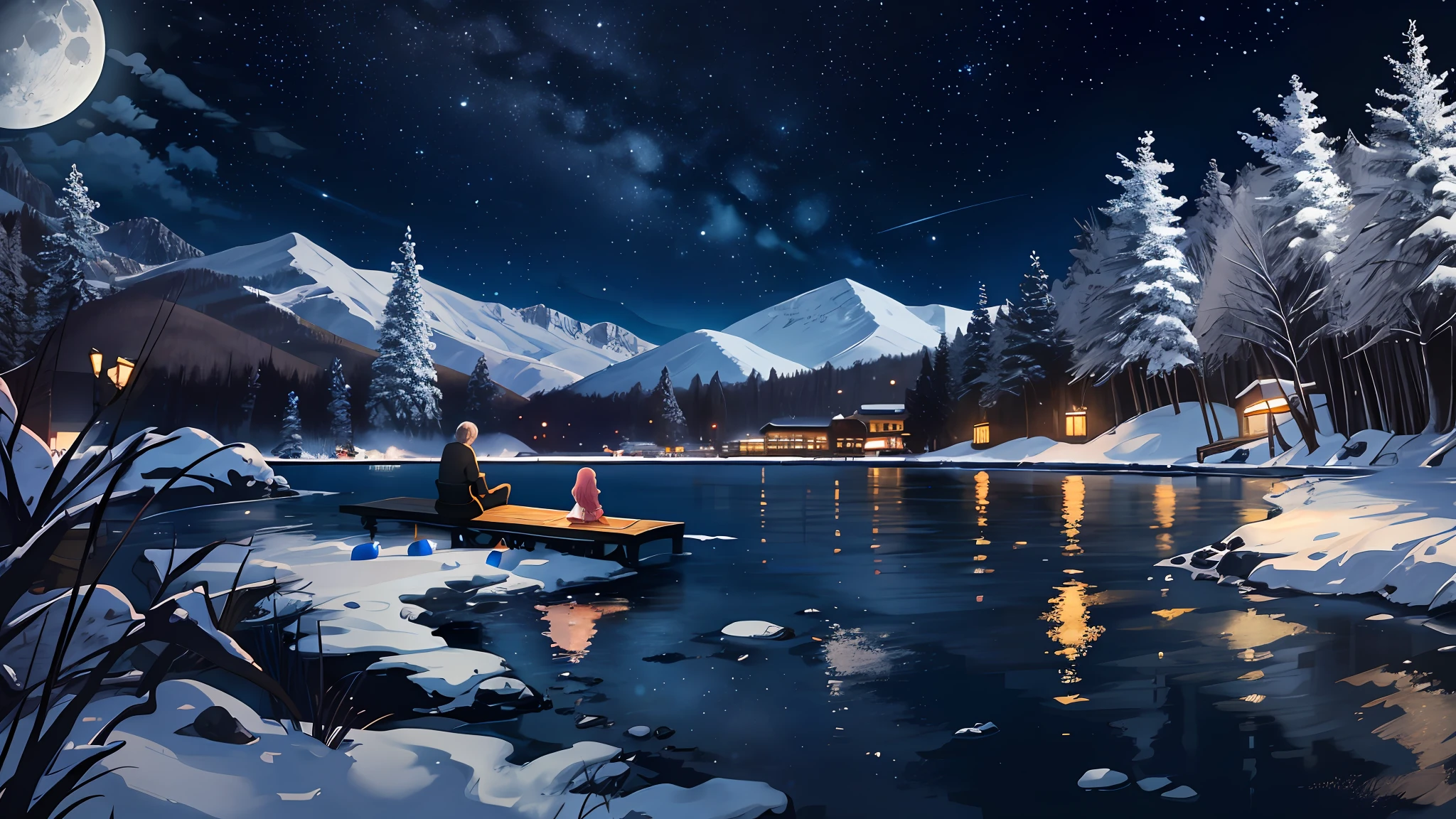 Night view of a couple sitting on a bench by the river, calm evening. Digital illustration, A beautiful artwork illustration, moonlit starry sky environment, Beautiful digital artwork, cozy night fireflies, night under the starry sky, moonlit night dreamy atmosphere, beautiful anime scenes, the glow of the moonlight, beautiful moonlight night, holding hands in the moonlight, nighttime nature landscape,A lady