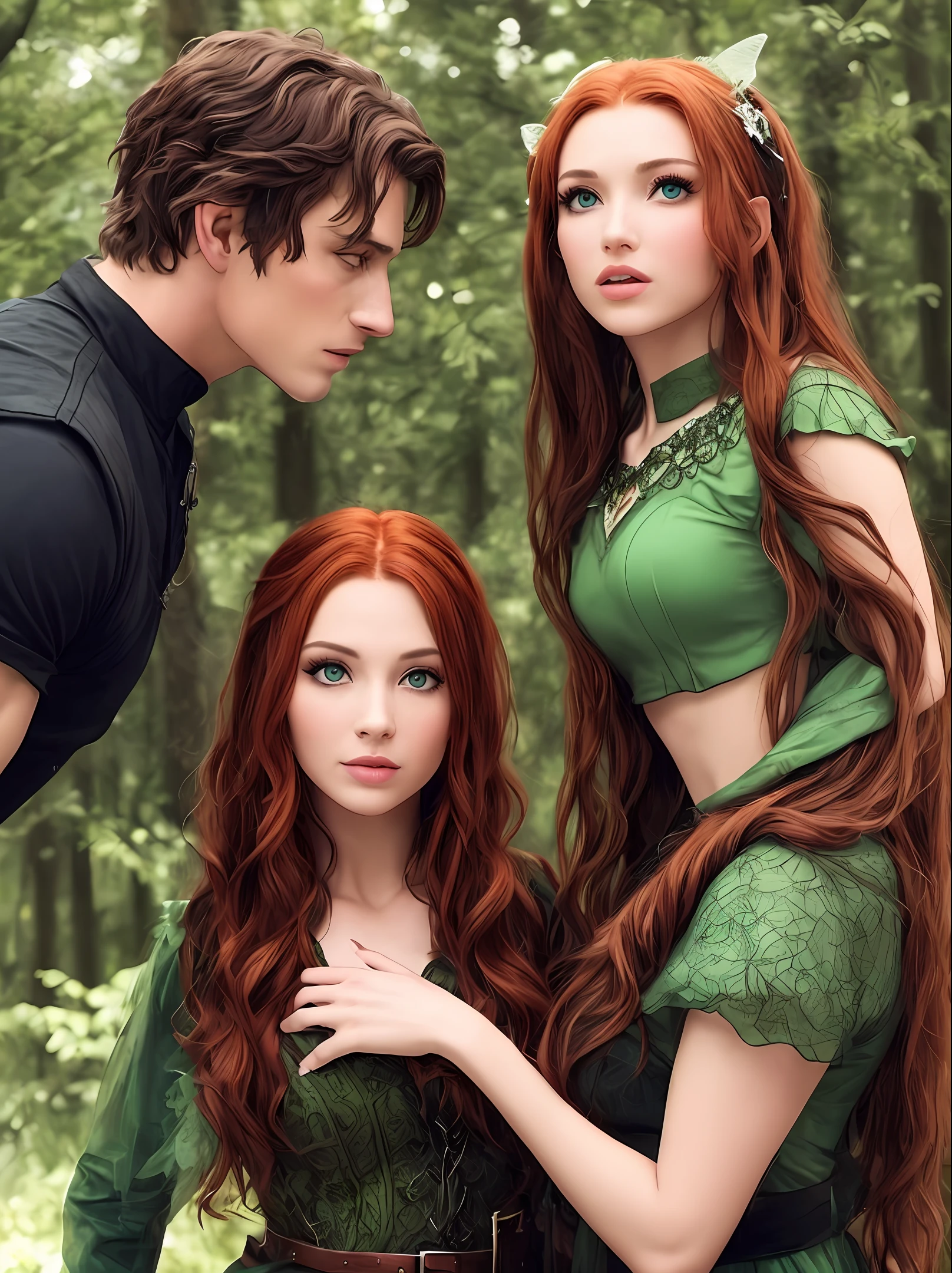 I need a couple where the man is a strong, green-eyed brown elf and the woman is a green-eyed red-haired fairy