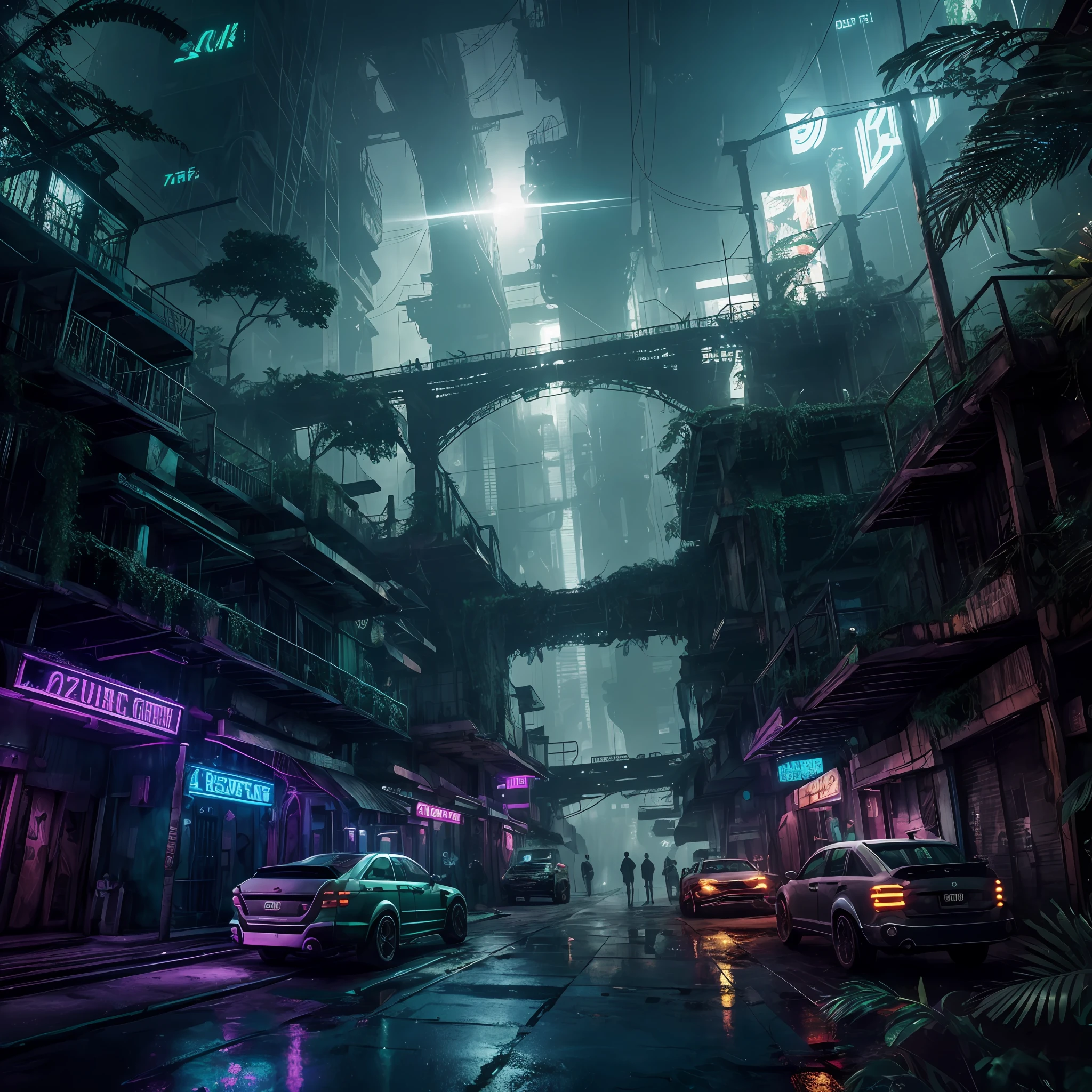 Jungle, extremely detailed CG unity 8k wallpaper, masterpiece, zodiac constellation Scorpio , best quality, long shot, cyberpunk, jungle , ghostly setting, mist, volumetric light, neon lights, animatronic figures, ruined structures, grunge textures, zodiac constellation Scorpio