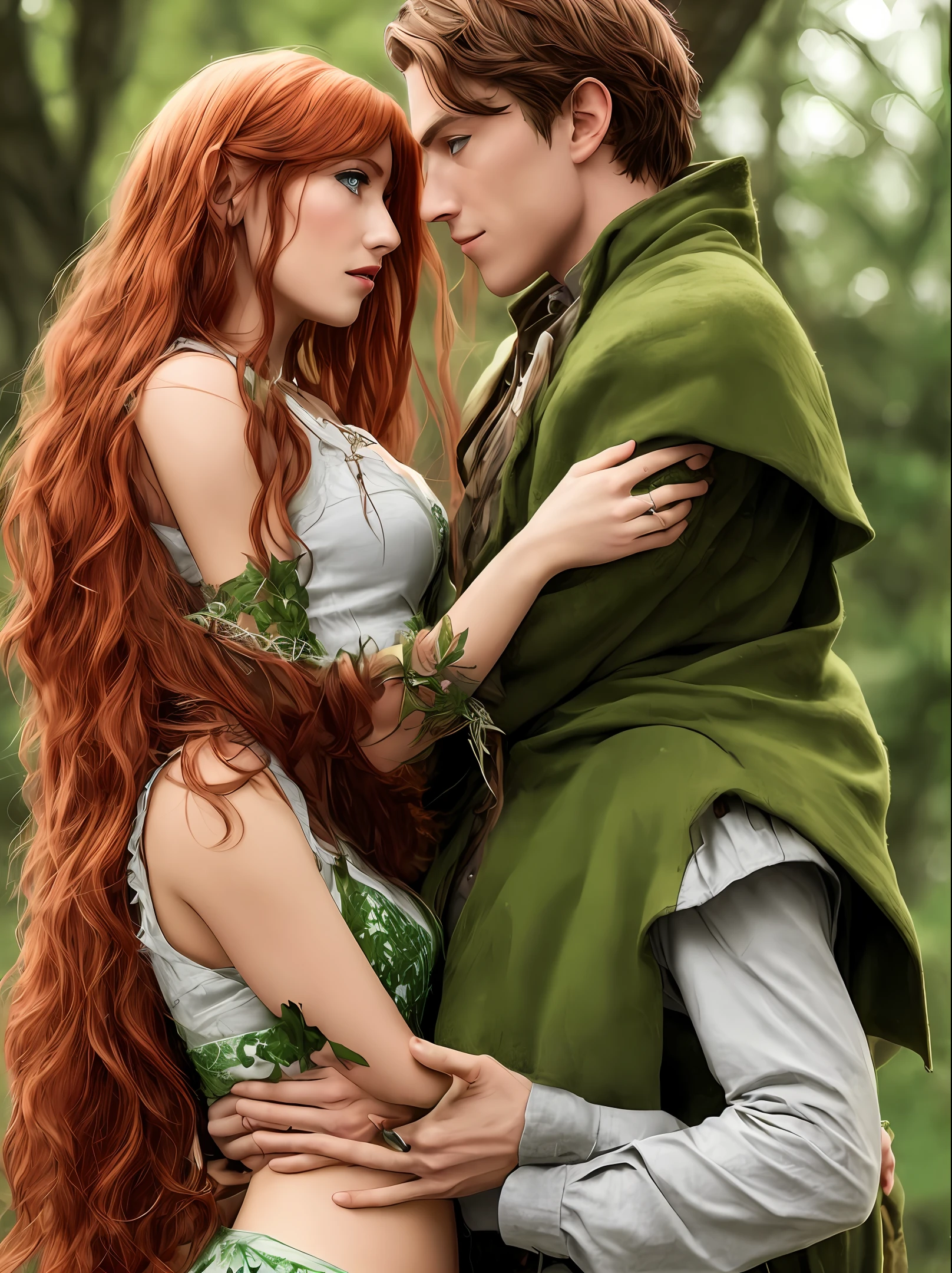 I need a couple where the man is a strong, green-eyed brown elf and the woman is a green-eyed red-haired fairy