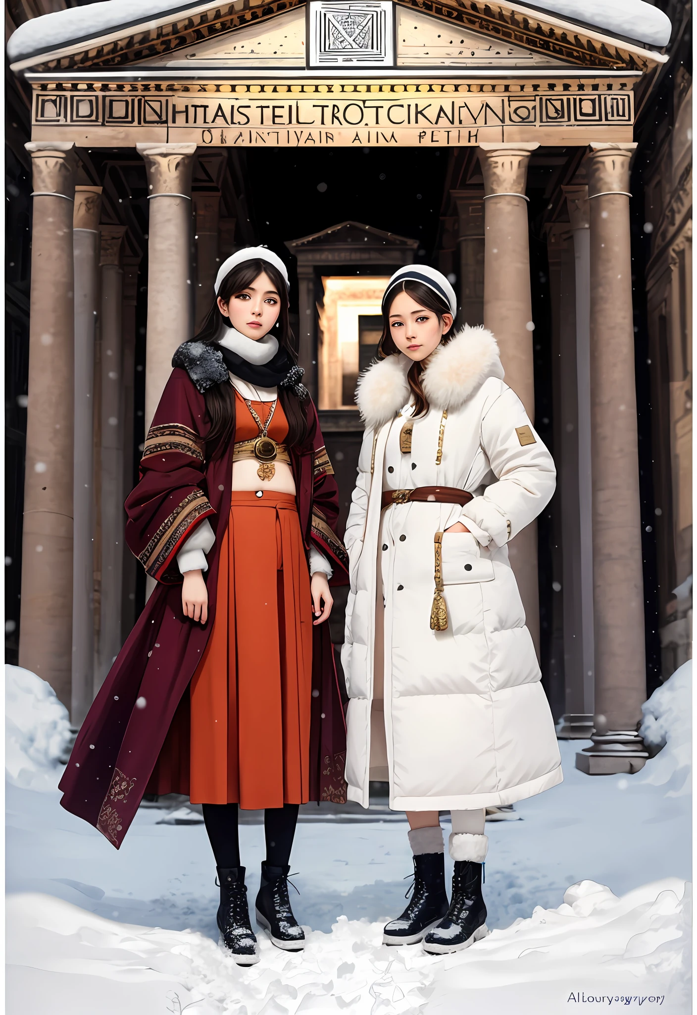 (Positive focus),2girls,duo,navel,(At the Pantheon of Roman,crowd,winter,Snowy),Surrealistic Female Portraits by David Hockney and Alphonse Mucha,Fantasy art,photograph realistic, Dynamic lighting,art stations,poster for,Volumetriclighting,Very detailed faces,4K,Award-Awarded,Fantastic costumes,Deep shadows,low tune,cowboy lens, (official outfit:1.4), looking at the camera in, Half-body shot,((Realistic face))),