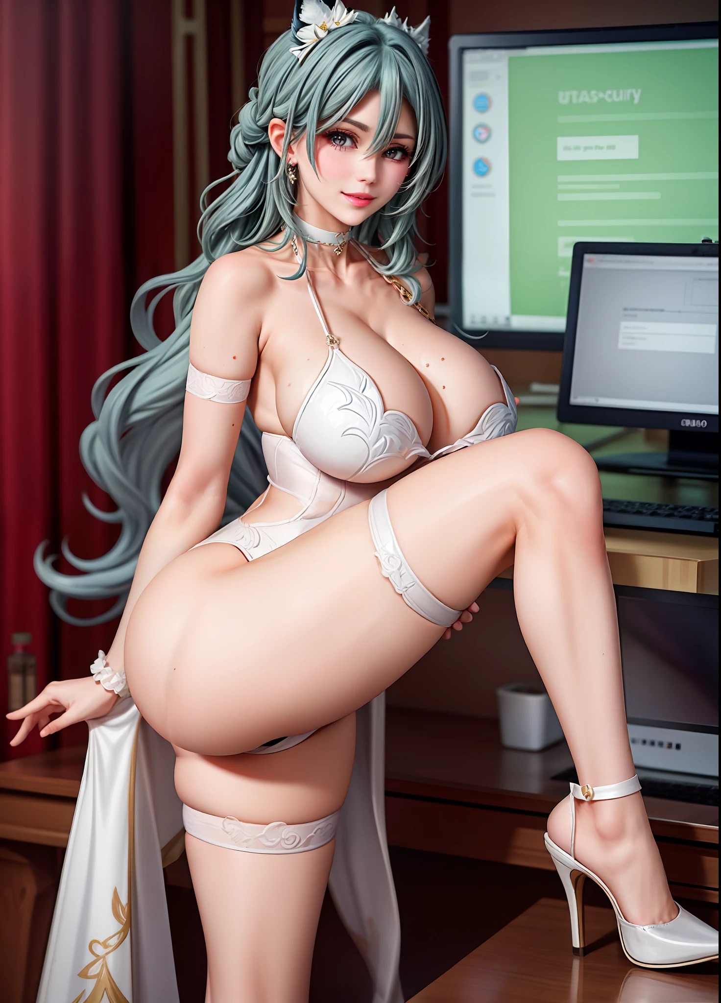 (ssmile:1.1),((wavy white long hair):1.3,beatiful detailed eyes,Perfect proportions,eyes with brightness,Light makeup,choker necklace,ear jewelry,Pink and moist lips),1.Sexy wife with,office room,On the computer desk,Sexy backless sweater,Elegant and beautiful hairpins,White wavy curls,Wear white stockings and high heels,spread their legs,Large liquid spill,(gigantic cleavage breasts,Heavy breasts,Big abs,Fitness buttocks,Slender beautiful legs,Stretch meat,Fair and moisturized skin),((8K,tmasterpiece,realisticlying),(Hyper-detailing,Ultra-clear,naturey,Whole body diagram),The woman's ass is right on the camera