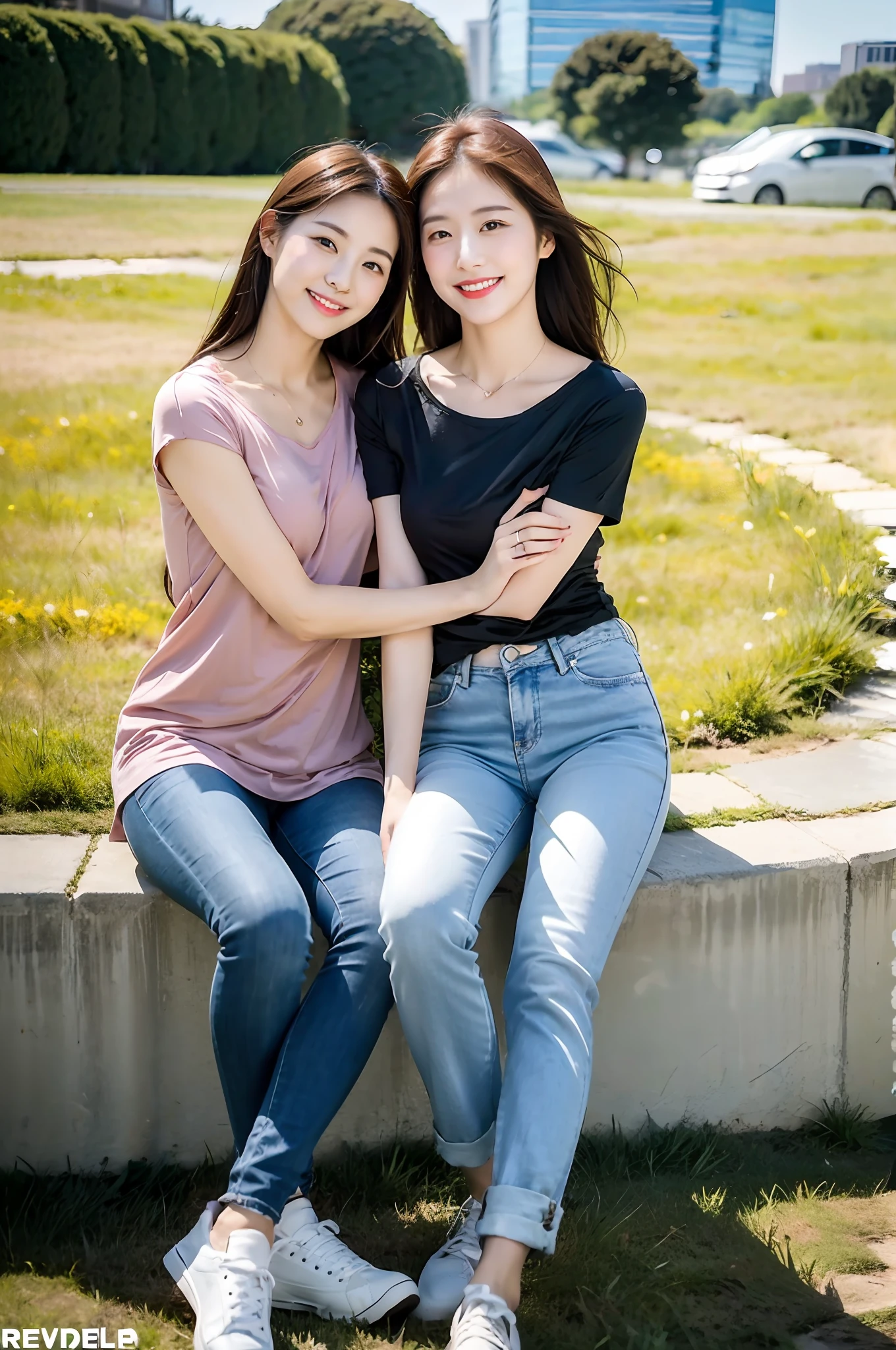(RAW photogr,超高分辨率,tmasterpiece,best qualtiy:1.4),Complicated details,2 20 year old Korean girl,Wear a loose black T-shirt and skinny jeans,Stand on the grass and take pictures,hugs,Intimate relationships,Detailed meadow,A sweet smile on a small face,The face and skin are pink and fair,Ultra-realistic facial details,Playful and coquettish pose,The calves are straight and slender:1.5,Wear high-end branded colorful travel shoes:1.5,eventide,warm color,Broad lighting,naturalshadow,taking a full body photo:1.8