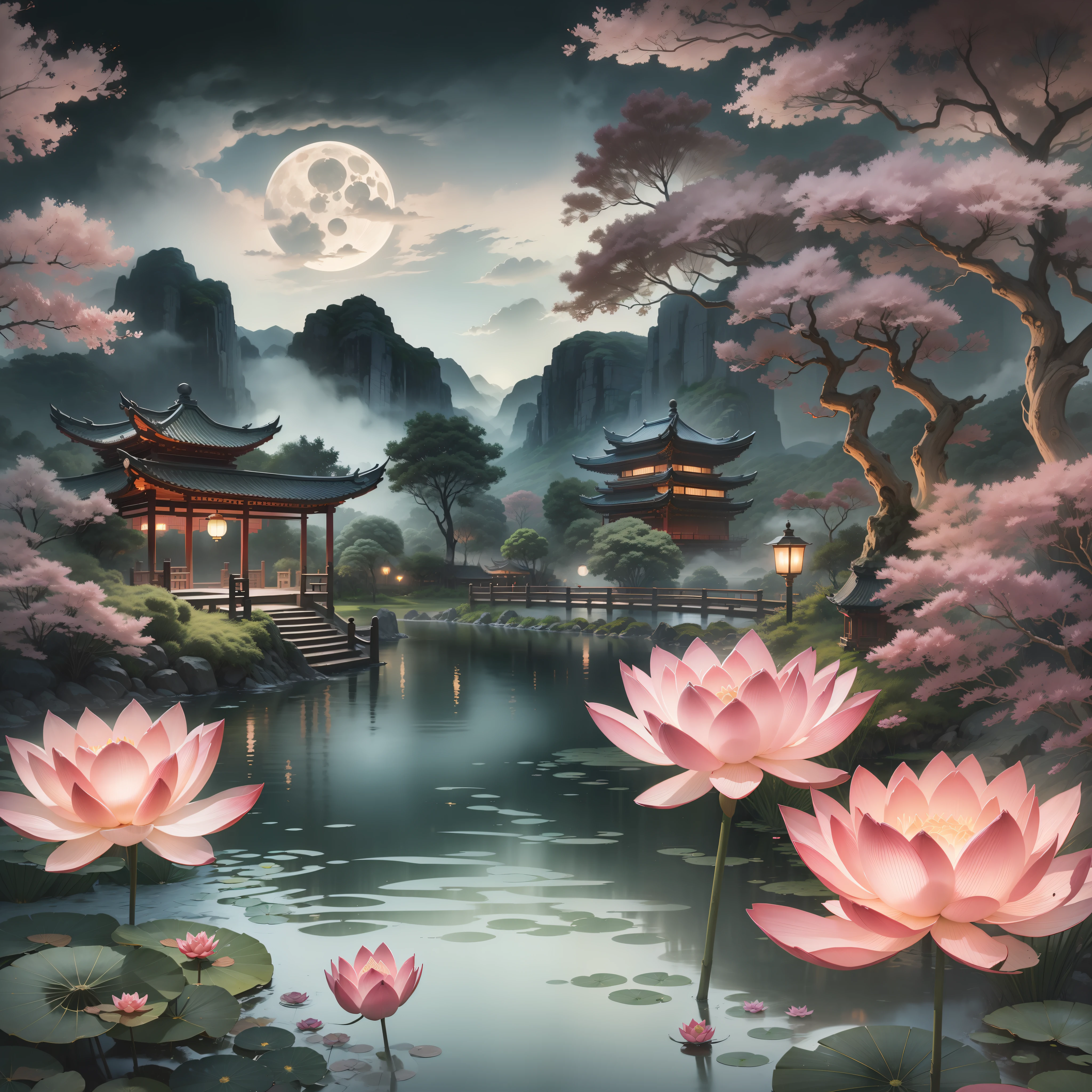 tmasterpiece,Best quality,Chinese martial arts style,Asian night view with lanterns and water lilies,Asian lagoon with lanterns and boats night view with many lights and boats on the water,Lake surface,lotus flower,beautiful night scene,((Chinese martial arts style))),Wide sky,Continuous mountains and steep cliffs,ink wash style,Contour light,Atmospheric atmosphere, depth of fields,Rising fog,bamboos,pines,octagonal stone pavilions,waterfall flowing water,large full moon --auto