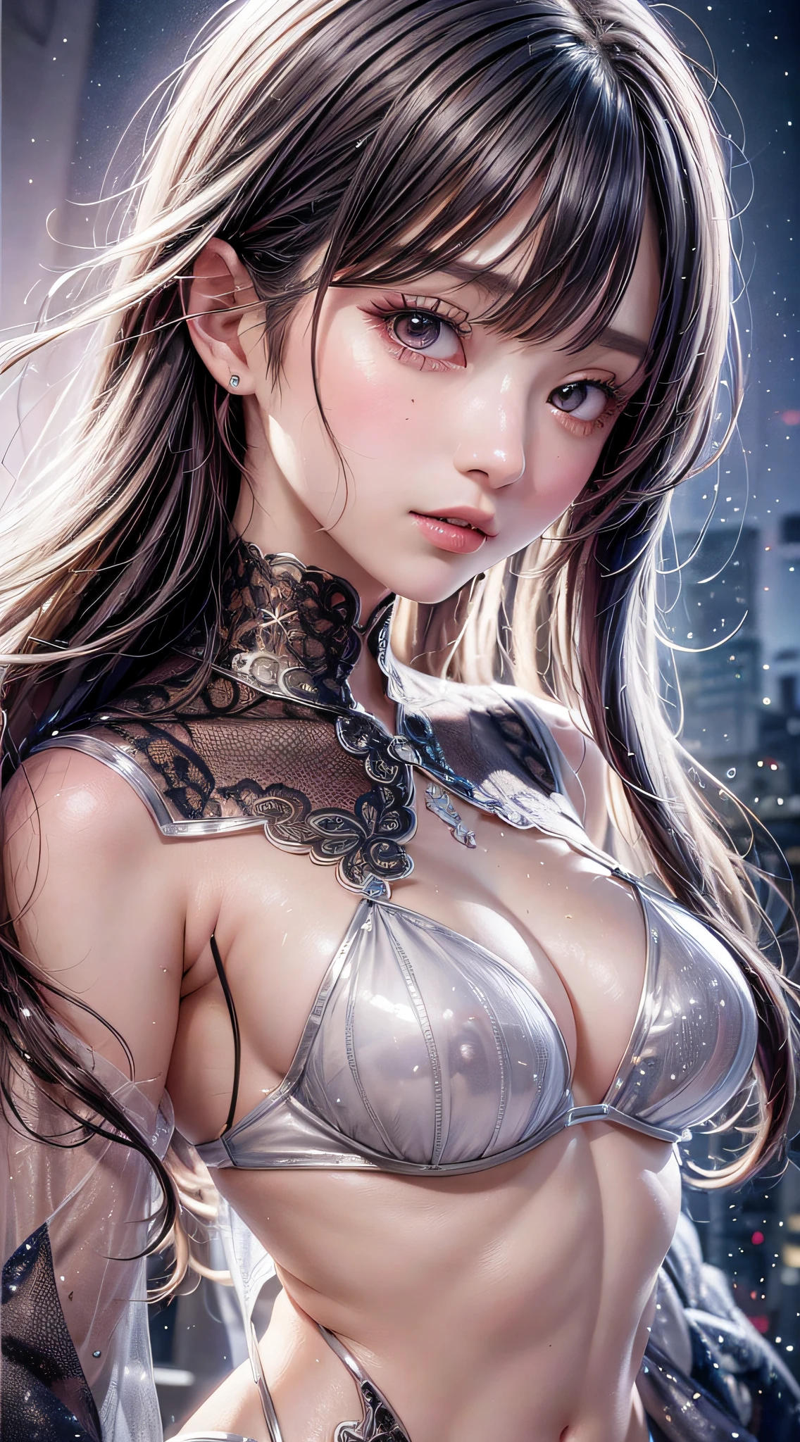 Beautiful girl story wrapped in love, Beautiful eye details, A captivating anime girl gracefully emerges from the pages of a watercolor painting, Her vivid and complex colors are, Bring your artwork to life, (see-through transparent clothes, Transparent costume:1.5), She wears a chest-opening fantasy costume decorated with delicate details,Fascinating worldview, Luminescent elements, Glowing crystals surround her like air, casting a soft, otherworldly glow,  The style of watercolor painting is、Imbues the image with a sense of fluidity and delicacy, as if the colors are effortlessly blending and bleeding into one another, Camera shot: medium shot, Soft Focus, luminescent glow　Lighting, watercolor brushstrokes, Sophisticated and very delicate anime illustration, unique colors, Portrait of an anime girl, Costume with open chest, Irridescent color,  beautiful girl illuminated by seven colors of light,