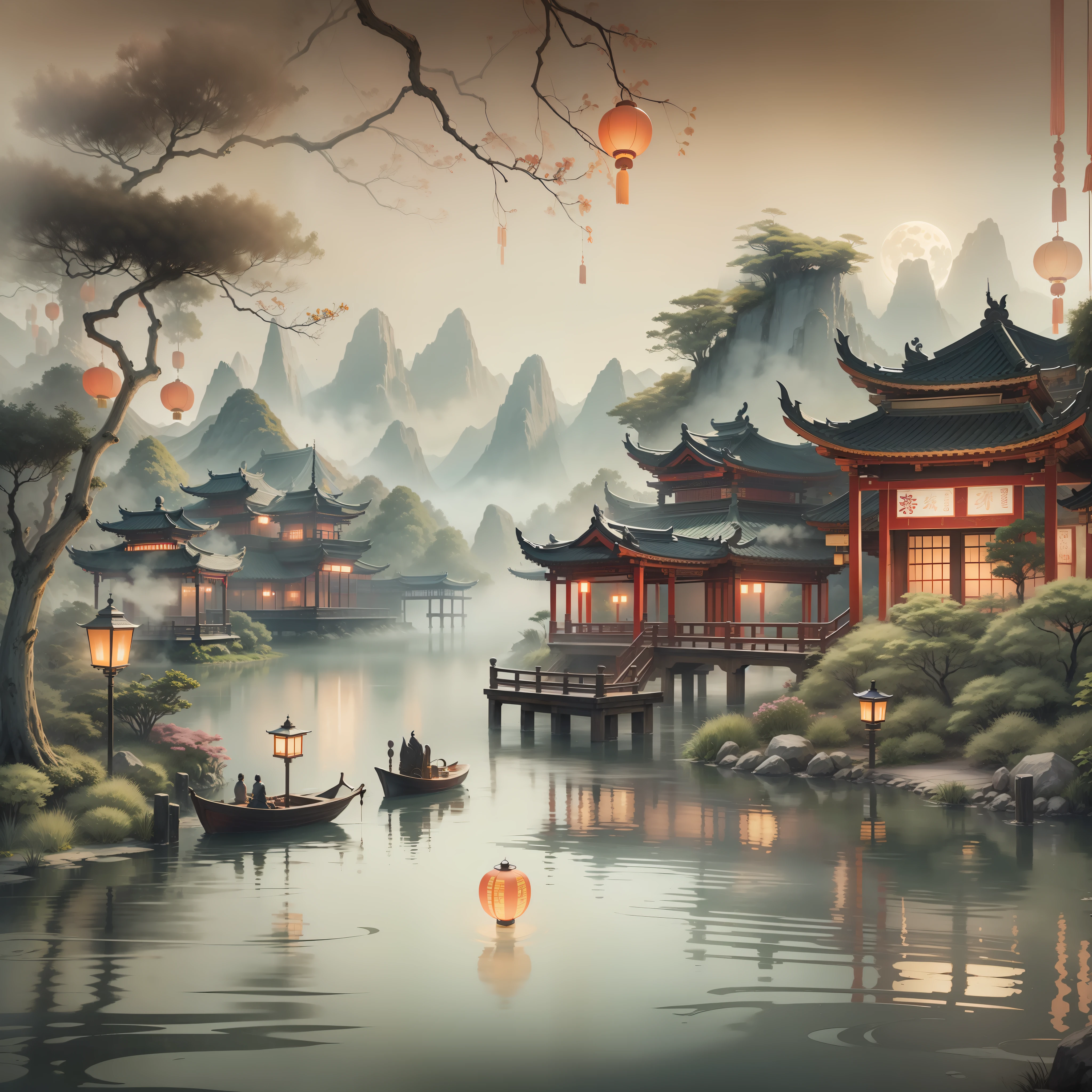 tmasterpiece，Best quality，Chinese martial arts style，Asian night view with lanterns and water lilies，Asian lagoon with lanterns and boats night view with many lights and boats on the water，Lake surface，lotus flower，beautiful night scene，（（Chinese martial arts style））），Wide sky，Continuous mountains and steep cliffs，ink wash style，Contour light，Atmospheric atmosphere， depth of fields，Rising fog，bamboos，pines，octagonal stone pavilions，waterfall flowing water，large full moon --auto