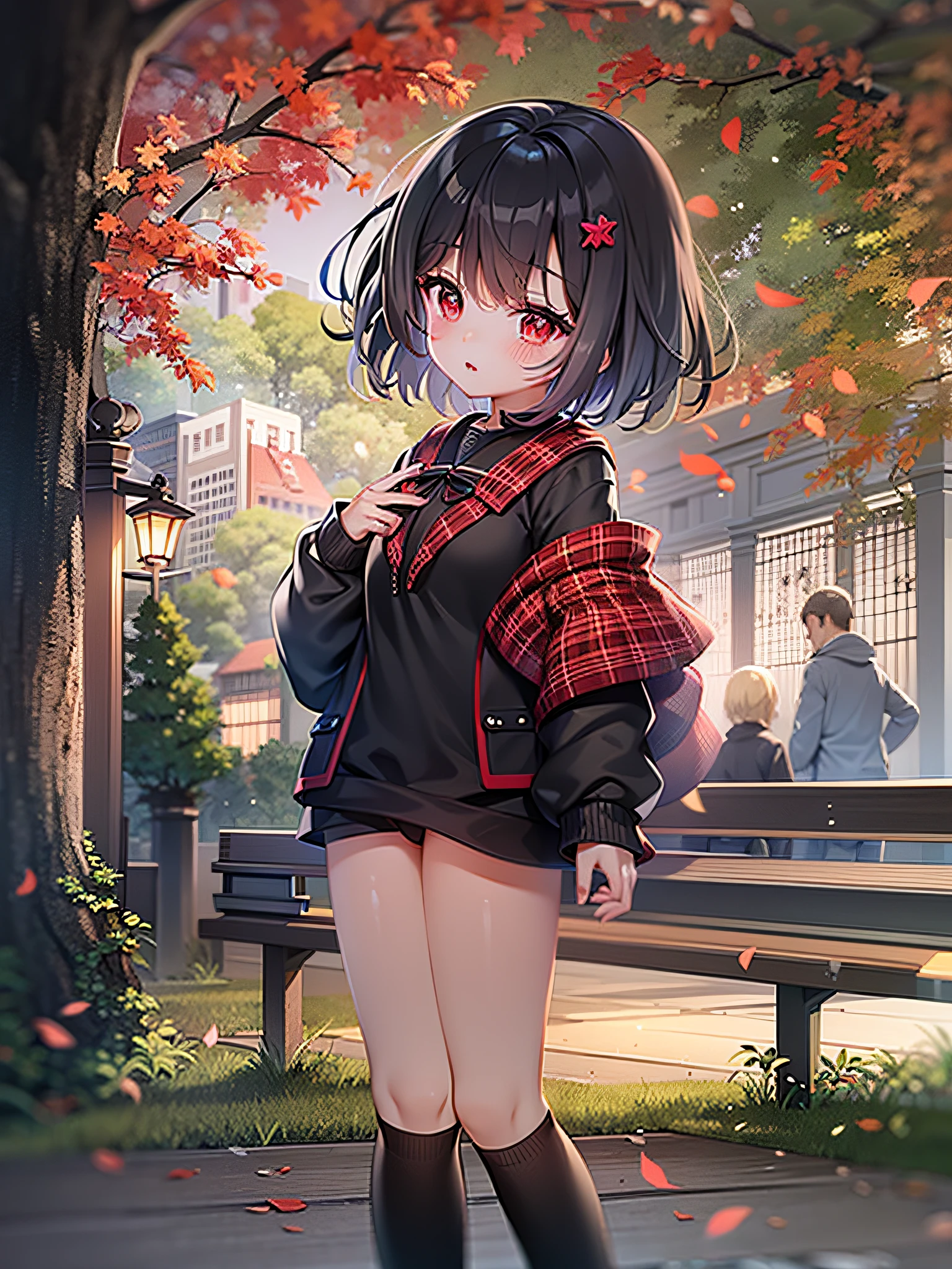 Best Quality,small tits, Highest Quality,Very cute,Stars in the eyes,Black short hair,Red Eyes,校服,blush,1girl in, a park,early evening