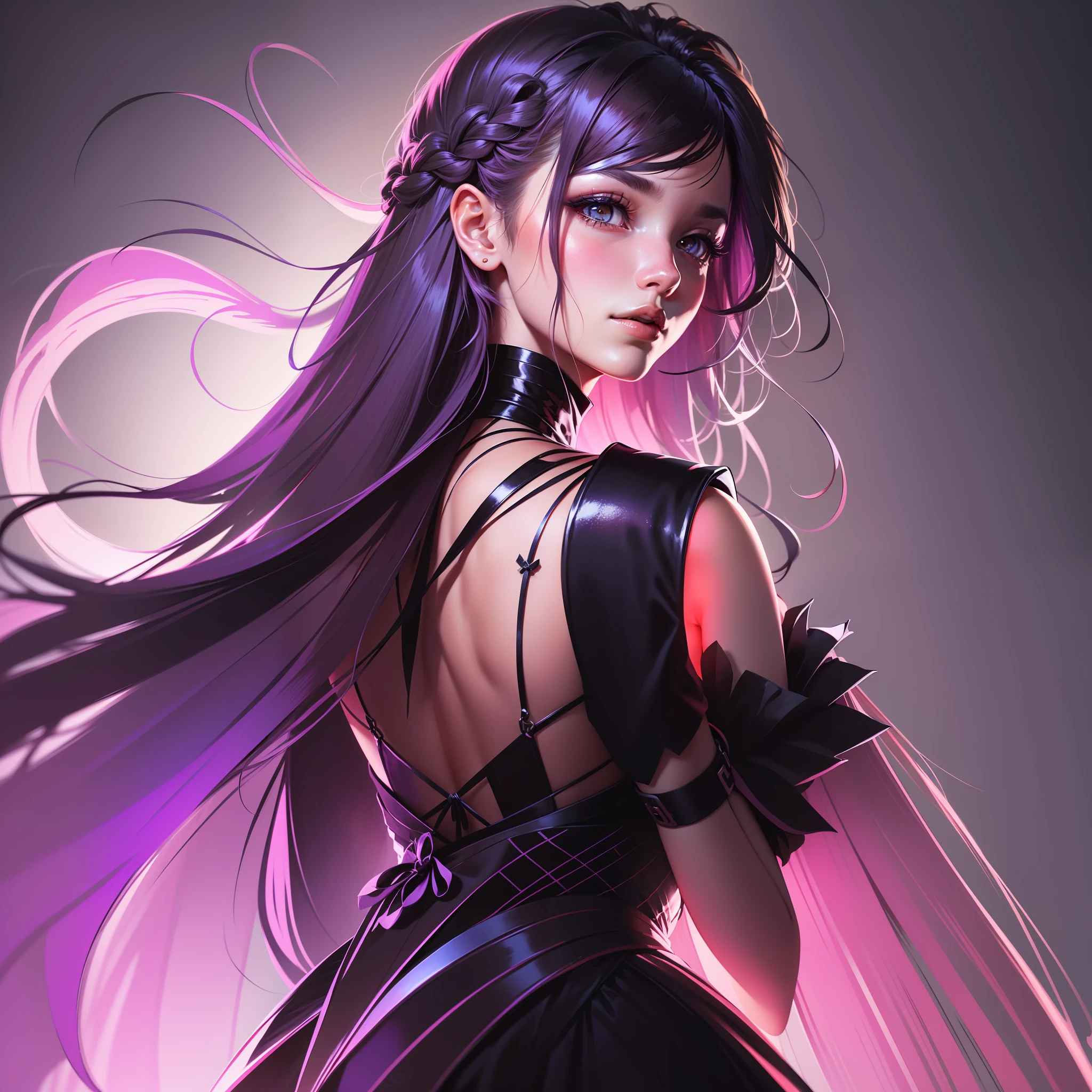 巨作, Best quality, comic strip,1girll,(Masterpiece),(Best quality),(Ultra-detailed),illustration,Disheveled hair,Dynamic Angle,Solo,1girll,game character portrait,Colorful,Beautiful detailed eyes,Portrait,Colorful,Translucent hair, (glowing inner hair),the perfect appearance,[Red eyes | Yellow eyes],Black hair,SideBraid,(Chinese dress),Long hair,lace elbow gloves,Shawl,(Chiaroscuro lighting:1.2),(Flat color:1.1),(straddle:1.25),hari ornament,from back