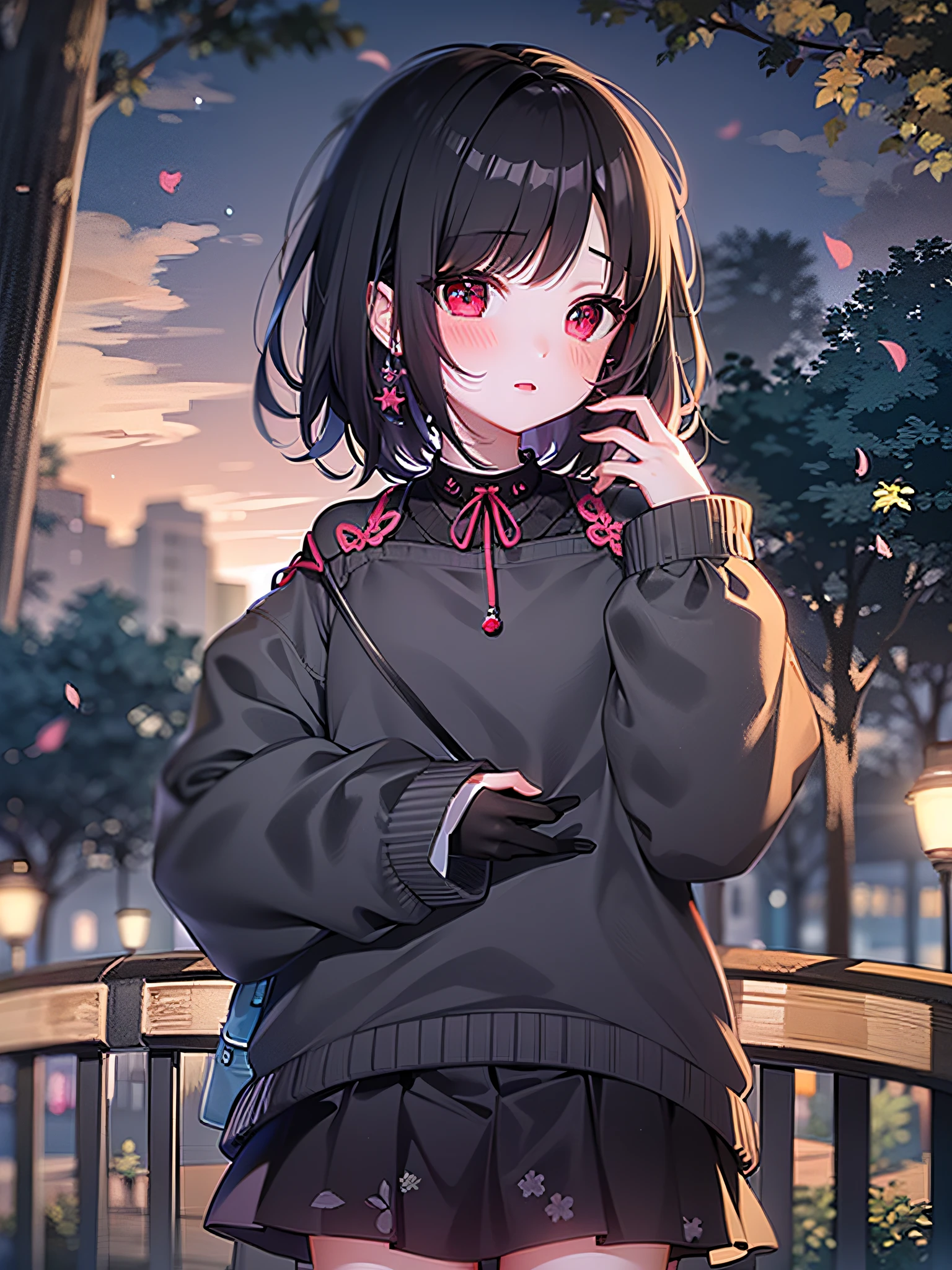Best Quality,small tits, Highest Quality,Very cute,Stars in the eyes,Black short hair,Red Eyes,校服,blush,1girl in, a park,early evening