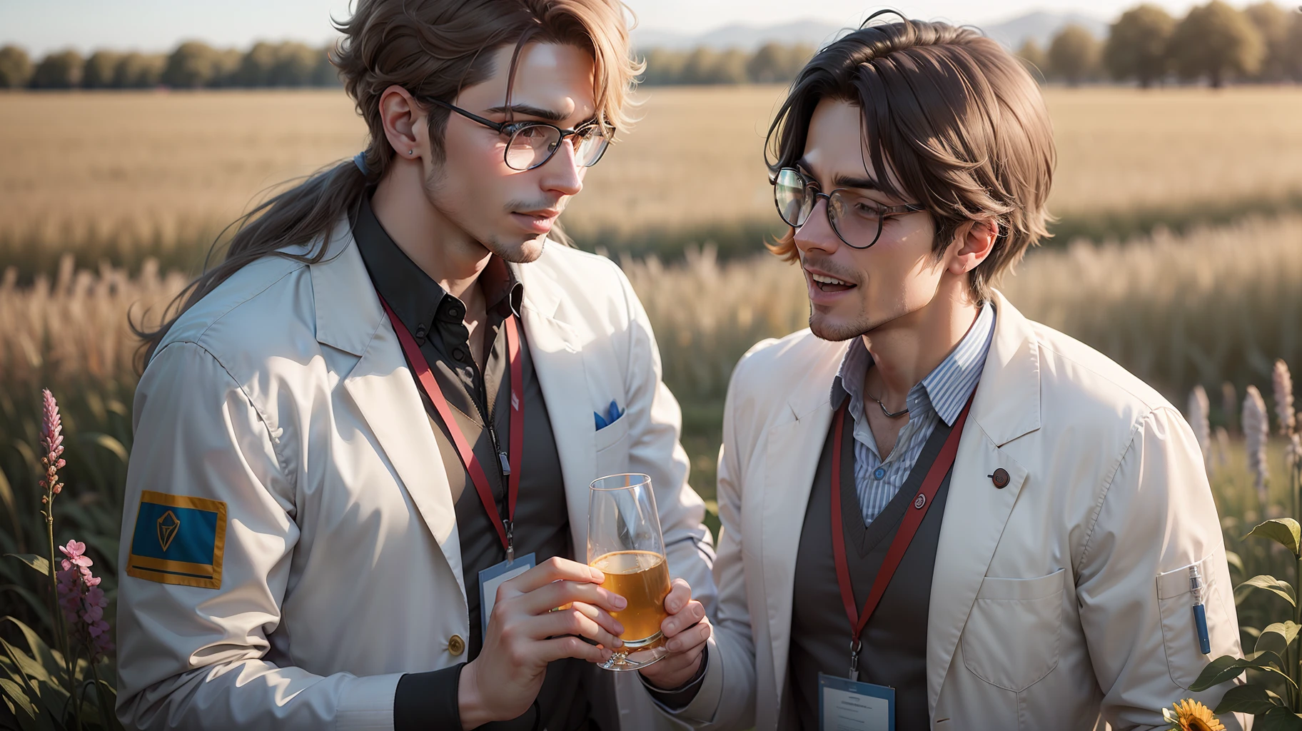 Group of male scientists celebrating, in a field.