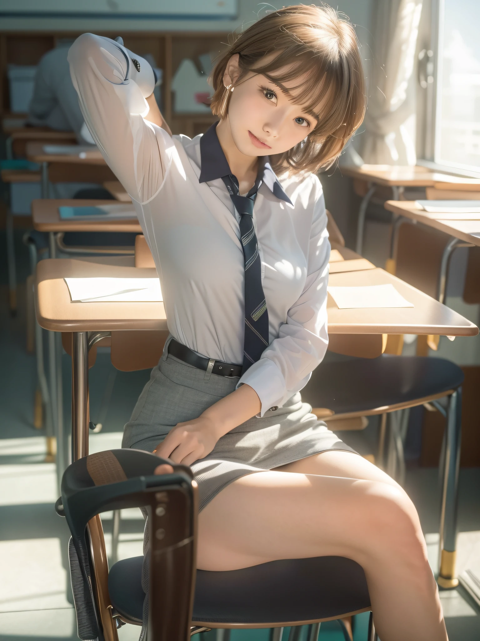 ((top quality, 8k, masterpiece: 1.3, raw photo)), Sharp Focus: 1.2, (1 aespa girl: 1.2), (Realistic, Photorealistic: 1.37), (face focus: 1.1), cute face, small breasts, flat chest, short hair, (white business shirt: 1.1), sitting, panties, from below, classroom, sunlight, movie lighting,
