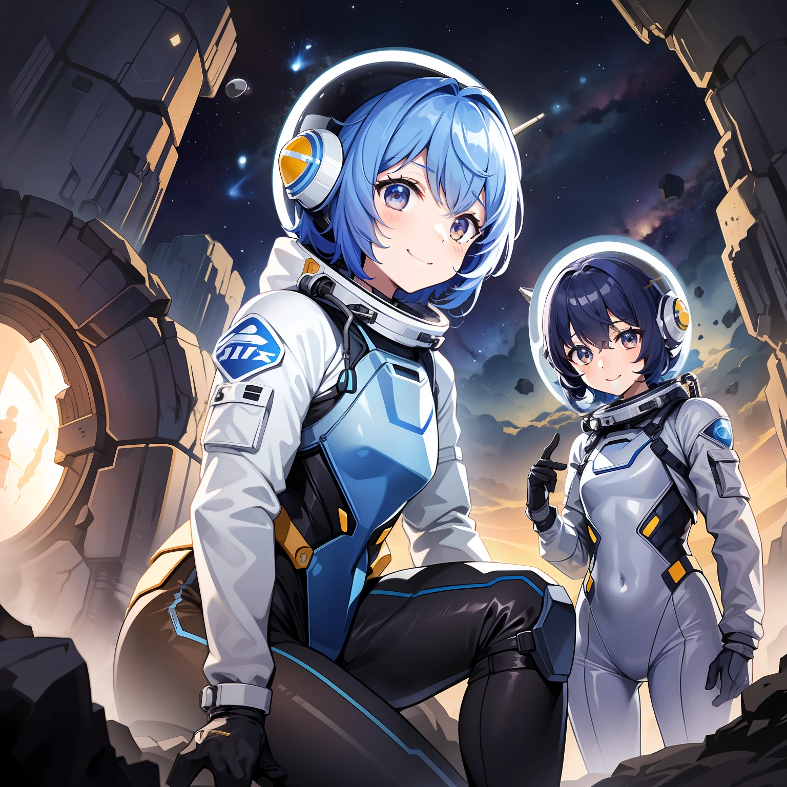 (​masterpiece)、top-quality、Superior anatomy、girl with、3 people、Mards、(The upper part of the body)、(A smile)、short-hair、(space suits)、(Etch 0.7)、(Wasteland:0.5)、(nigh sky: 0.6) 、(Rock Mountain:0.2)、（Watercolor style:0.7）、Please wear a transparent helmet、Sexual body、Spacesuit with a thin body line