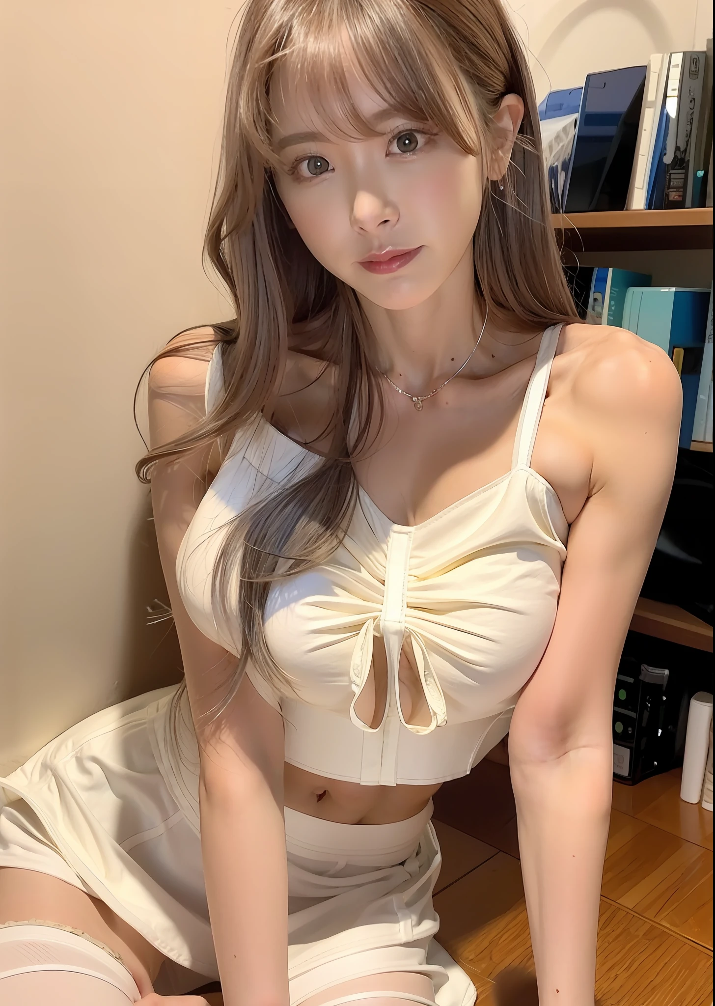 best qualtiy,超高分辨率,(真实感:1.4),1girl,Off-shoulder white shirt,White tight skirt,Black collar,(Faded gray hair:1),(gigantic cleavage breasts:1.2),looking at viewert,closeup cleavage,