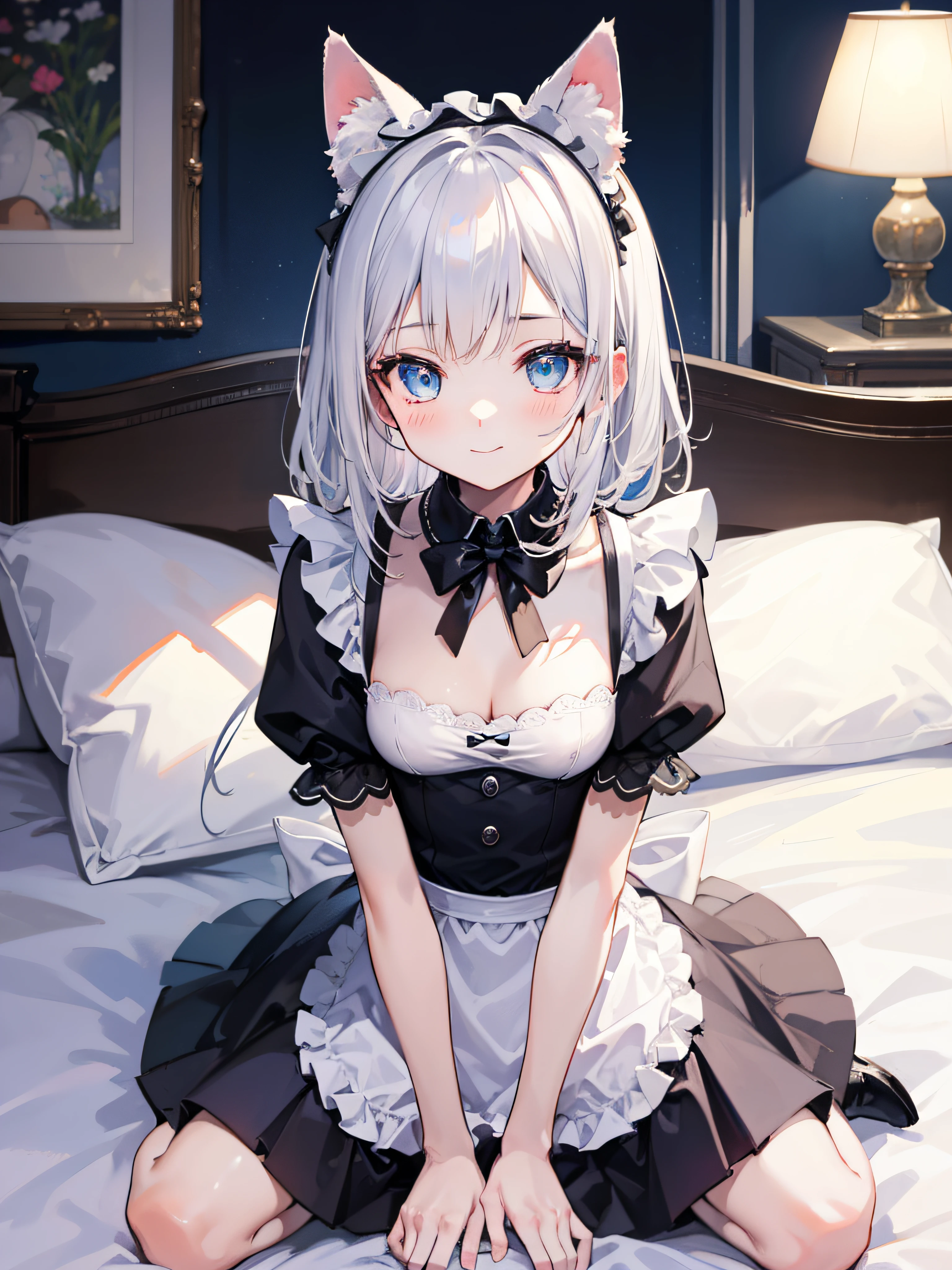 best quality, ultra precision, one girl, blue eyes, white hair, young, loli, cute, maid, maid costume, blush, natural smile, teenager, cat's ears, small breasts, look up at you, cleavage, pure, obedience, sitting, sit gracefully, put hands between legs, shy, on bed, scrounge, affectionate, like a younger sister