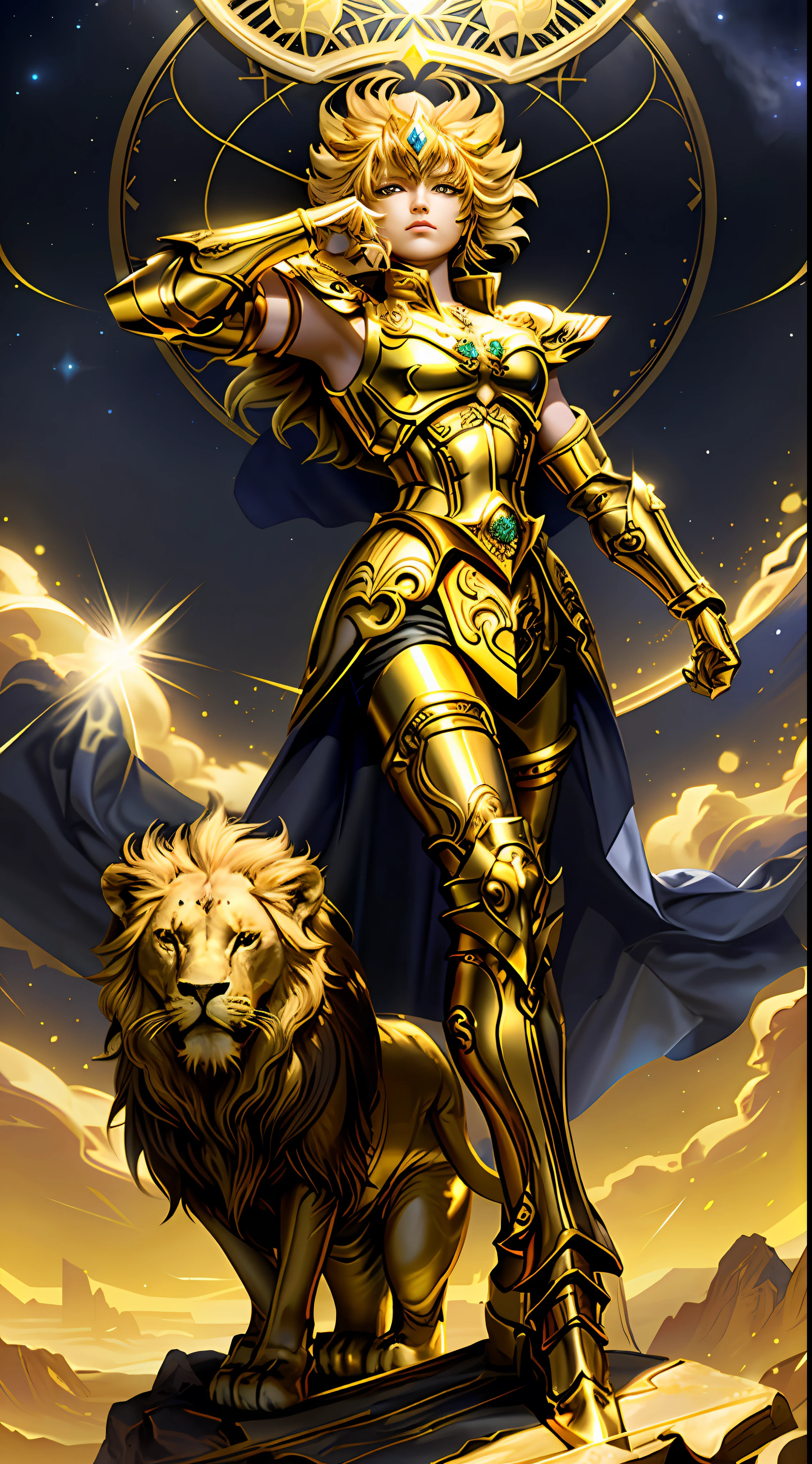 （tmasterpiece）， （best qualtiy）， （1girll）， Girl in golden armor， cool-pose，Magic Golden Leo astrolabe，Yellow-haired people，Next to the lion，Saint Seiya Armor， messy  hair
