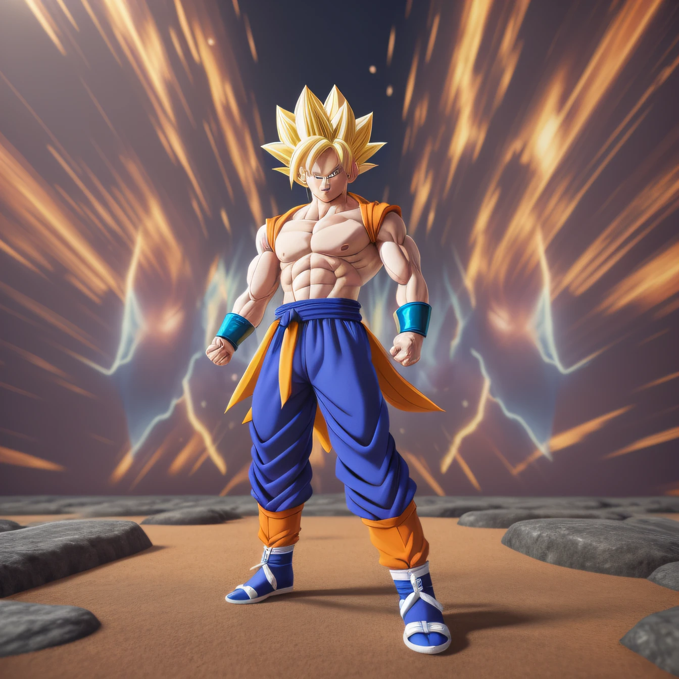 Goku, super saiyan, exquisite hair, arm depiction, white and blue hair body, exquisite shoes, eye depiction, exquisite hair, popmart blind box, clay texture, stepping on the land, black and white background, natural lighting, most good quality, super detail, 3D art, c4d, OC renderer, 3D rendering, 8k