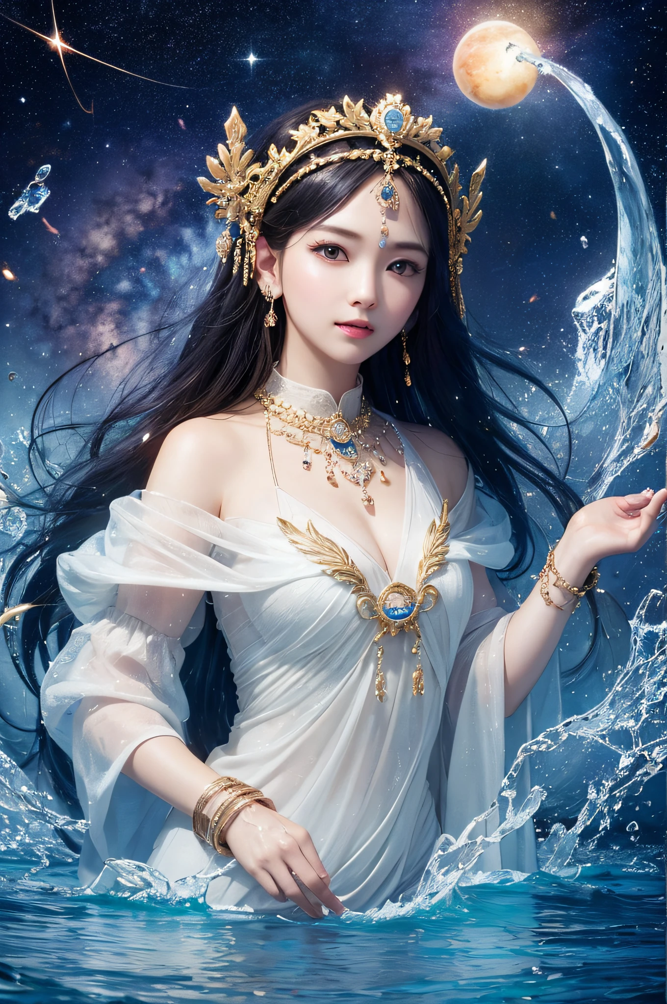 top-quality、High-quality face、Godess of Water、large amount of water、Walking on the surface of the water、flowingwater、Aquarius、water magic、kosmos、constellation、intergalactic