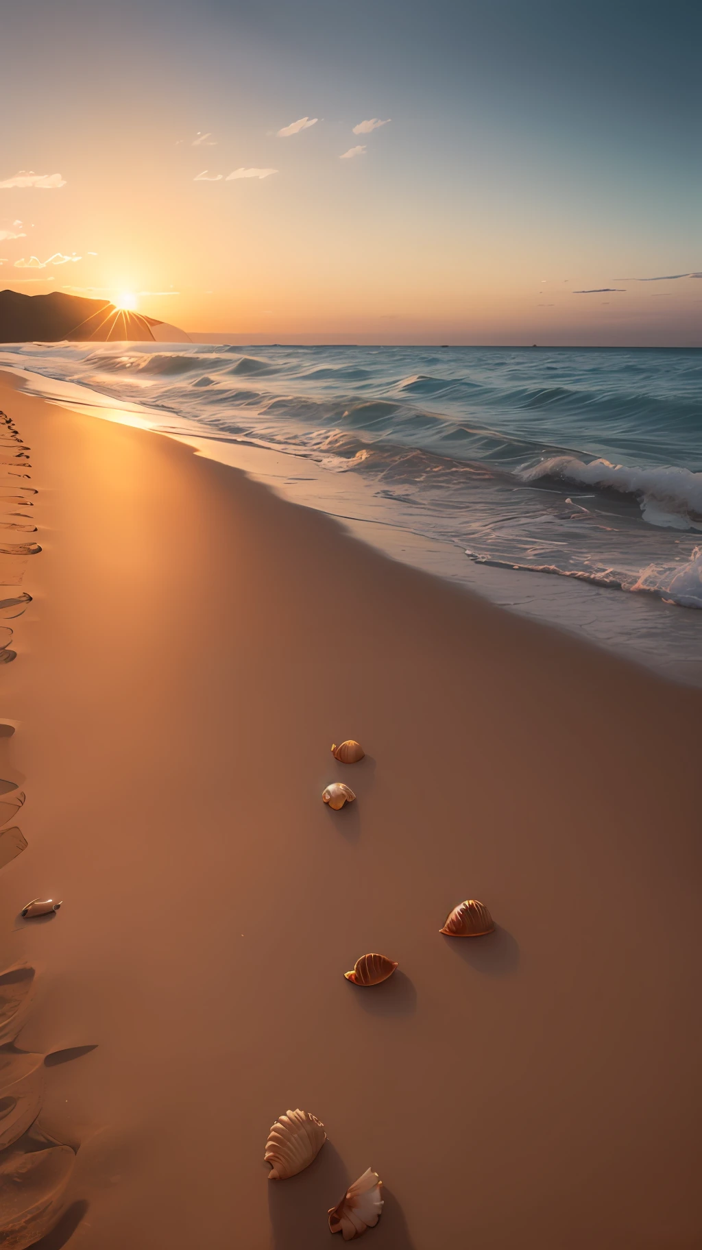 Golden sun,Golden dusk,Golden sand,Golden clouds,Golden shells ,Author: Makoto Shinkai,tmasterpiece, --auto