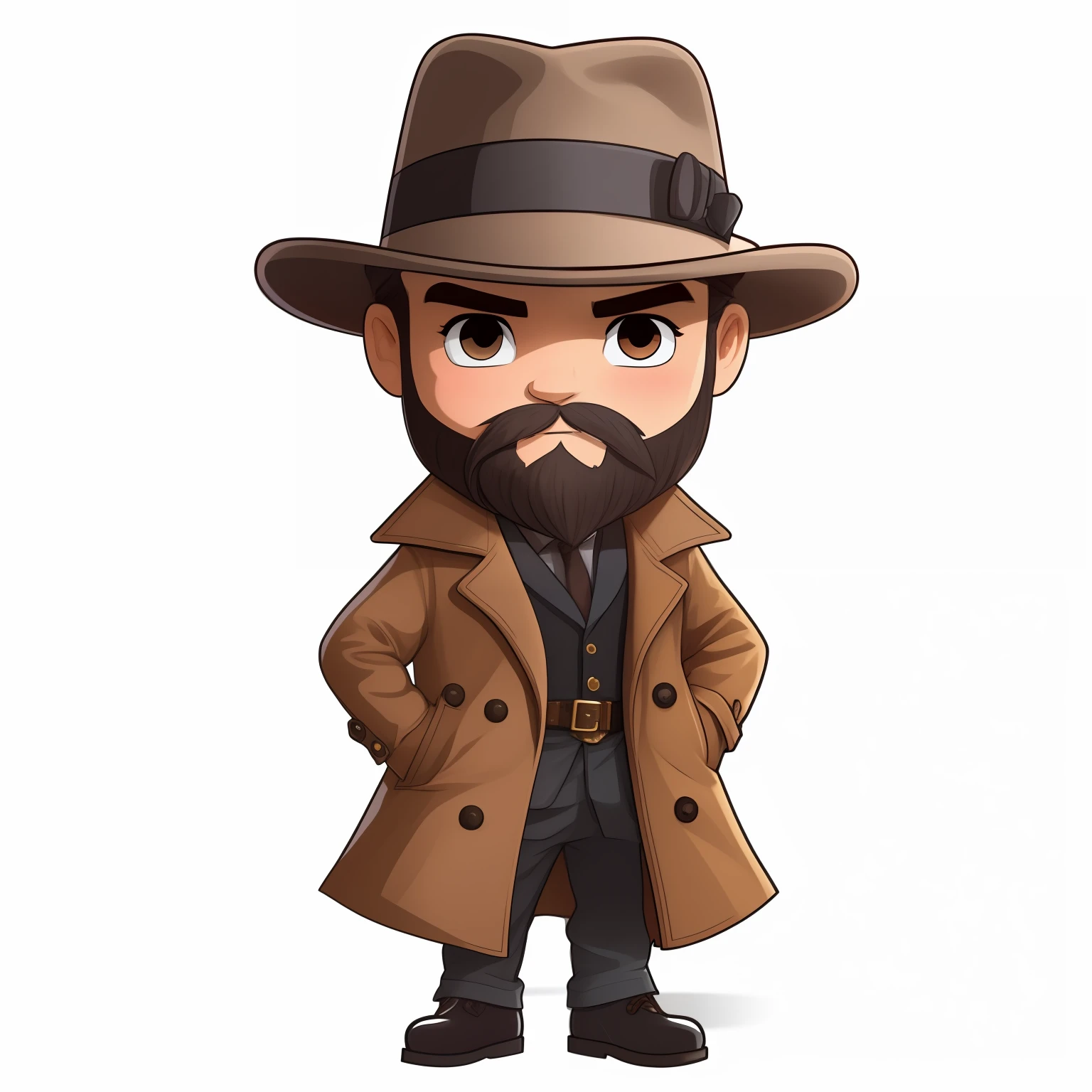 a sticker,Handbook,A cartoon man with a beard in a hat and coat, detective coat, detective clothes, noir detective and a fedora, Detective, he is wearing a trenchcoat, Karat in a brown hat, Mysterious man, maple story indiana jones, advanced digital chibi art, Detective portrait, noir detective, Mystery and detective themes, official character illustration, Aiden Pierce
