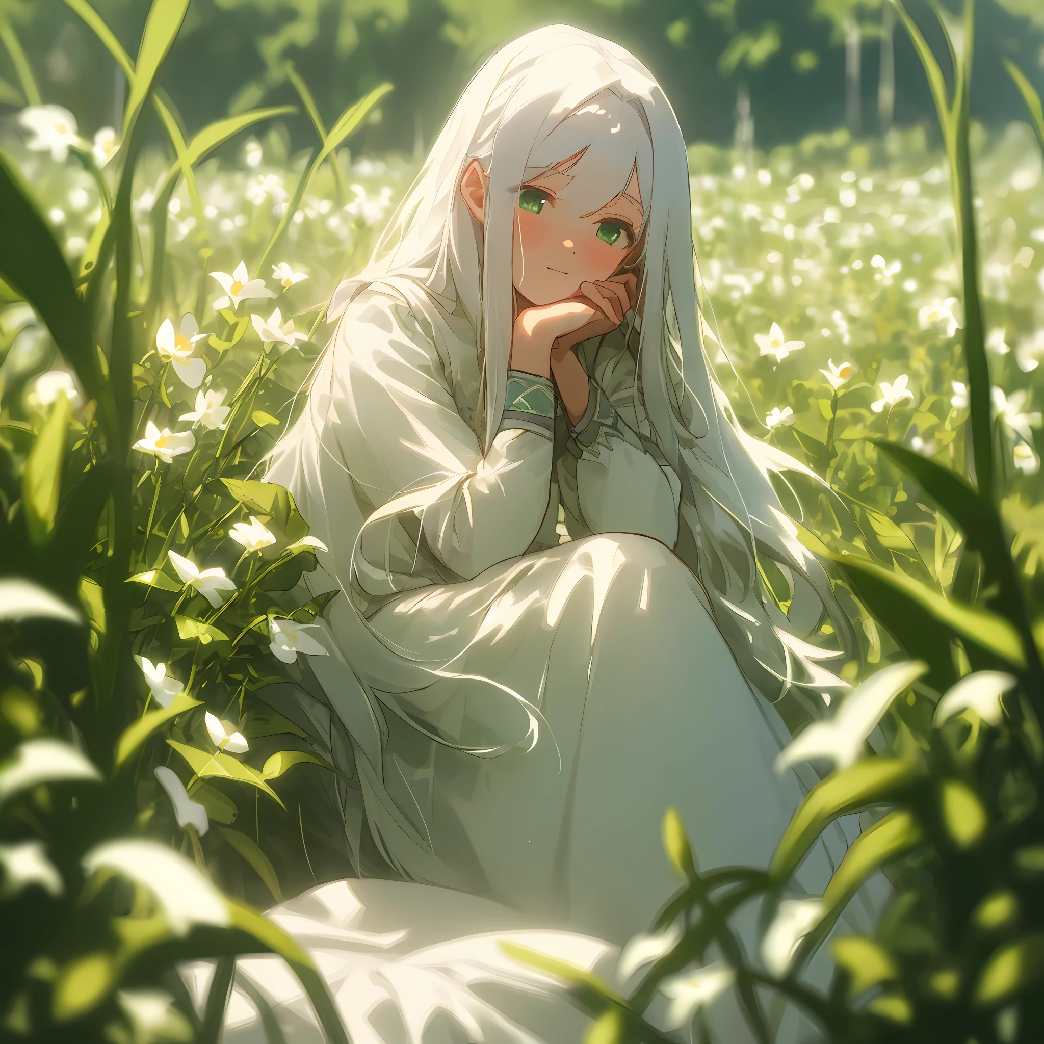 (masterpiece, best quality),1girl with long white hair sitting in a field of green plants and flowers, her hand under her chin, warm lighting, white dress, blurry foreground