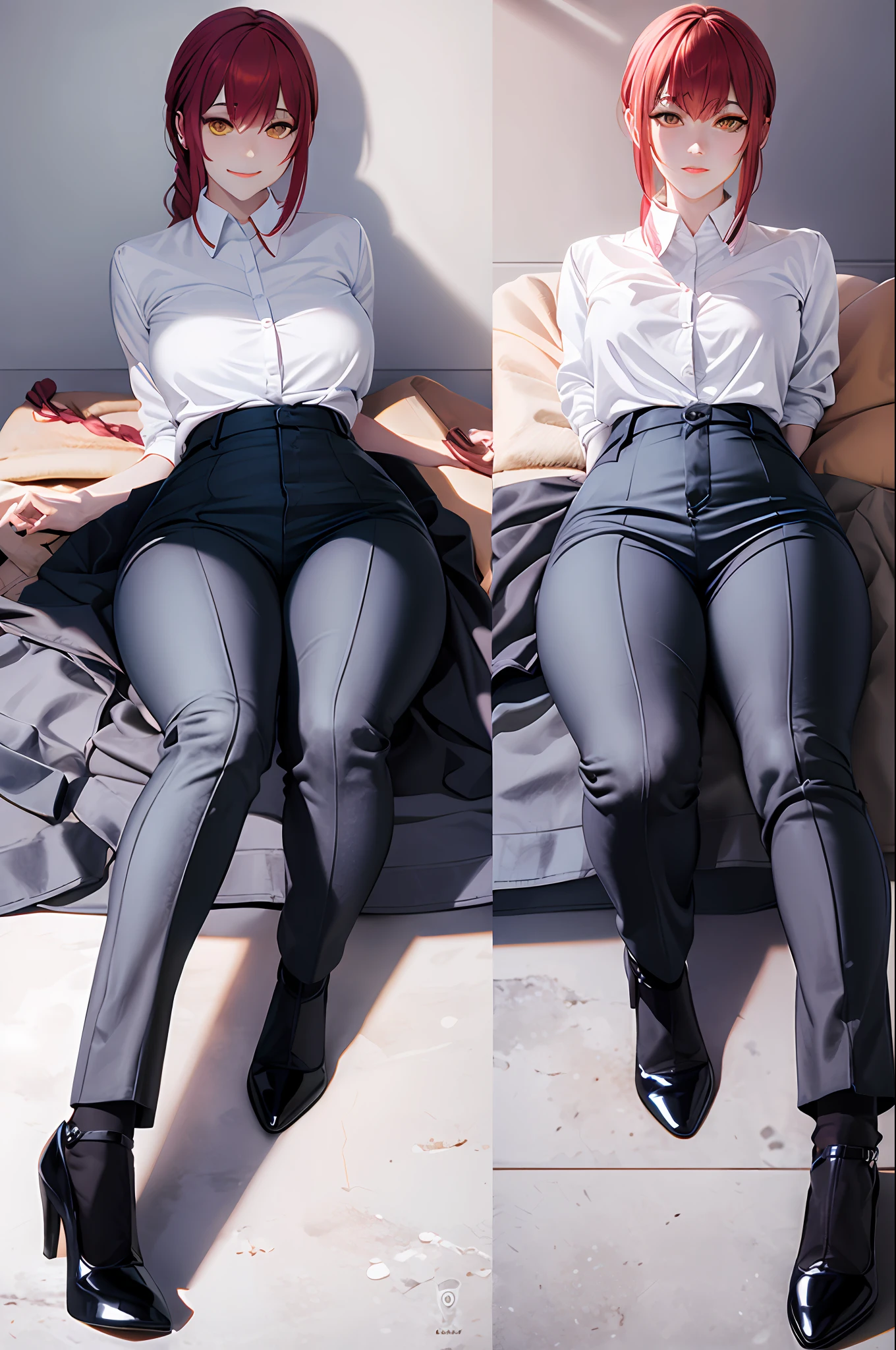 (Look from the front) The woman lies on her back,One leg is bent,Feet flat on the floor,See high heels(The shirt,tiese,trouser:0.5)(Detailed and realistic face),(((ultra - detailed))),zoomout,symmetriced face,Detailed pupils,Expressive eyes,putting makeup on,real photographic,Modern look,real photographic(Realistis:1.5)