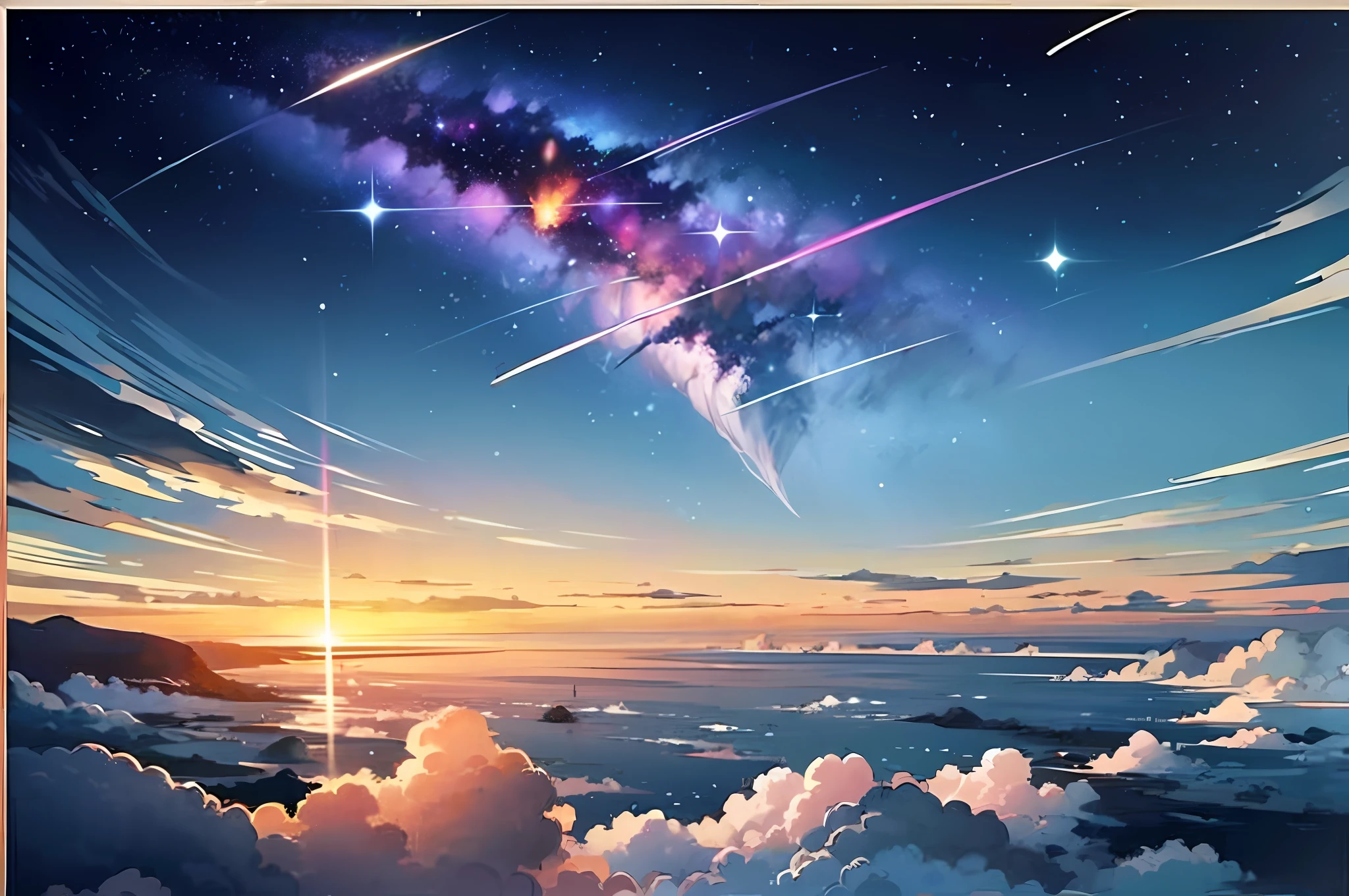 Paint a sunset on the hill，A bird flies in the sky, Meteor Fall, During meteor storms, Perseid meteor shower, meteors are falling from the sky, meteors, Golden meteor, meteor shower, painting of a dreamscape, author：Ivan Mestrovich, Inspired by Ted Nasmith, sky mural on the room ceiling